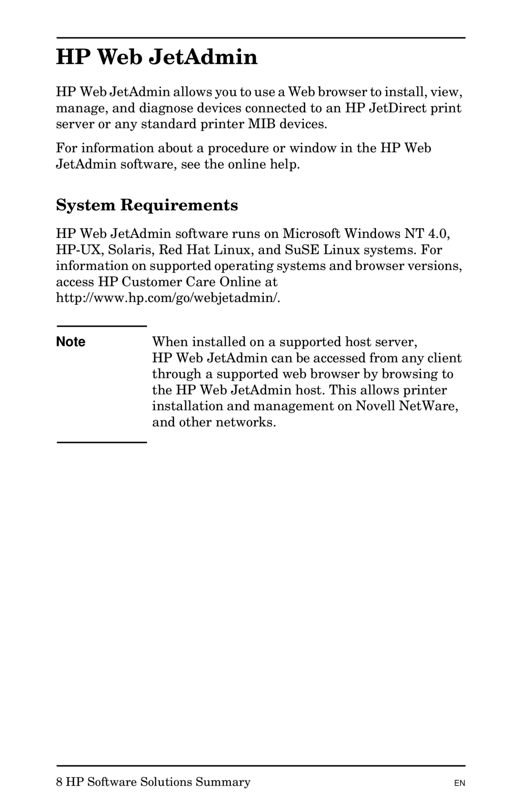 HP 300X manual HP Web JetAdmin, System Requirements 