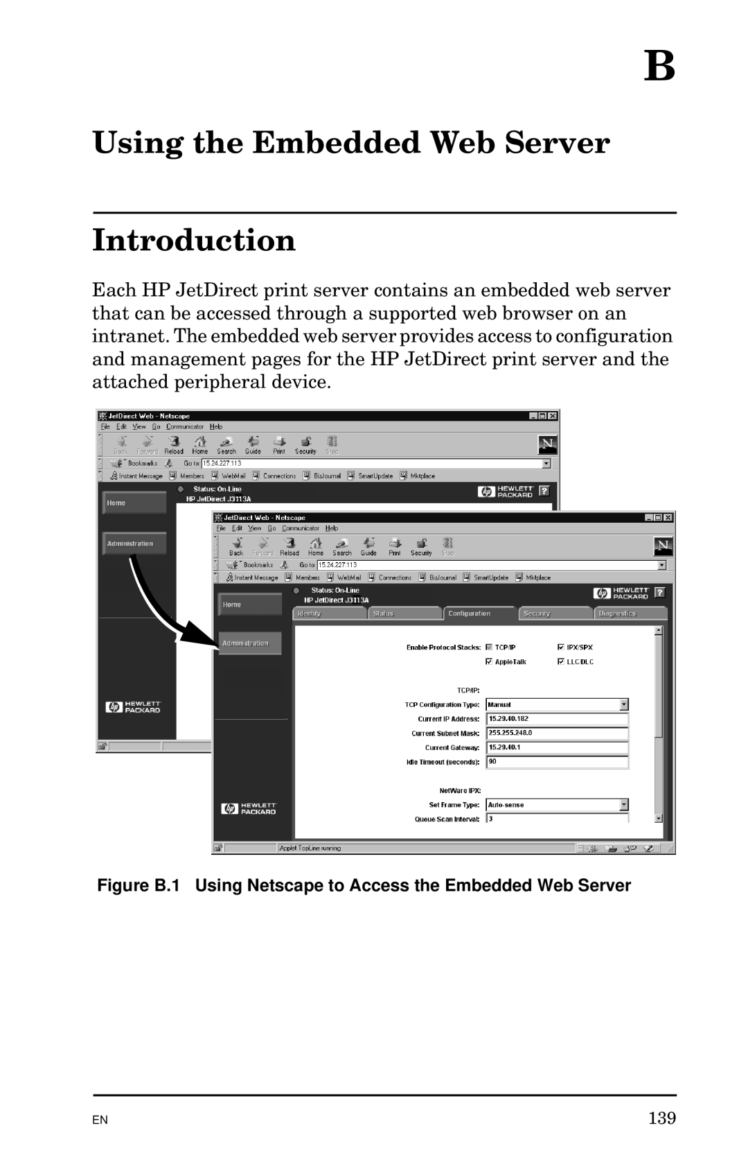 HP 300X manual Using the Embedded Web Server Introduction, Figure B.1 Using Netscape to Access the Embedded Web Server 