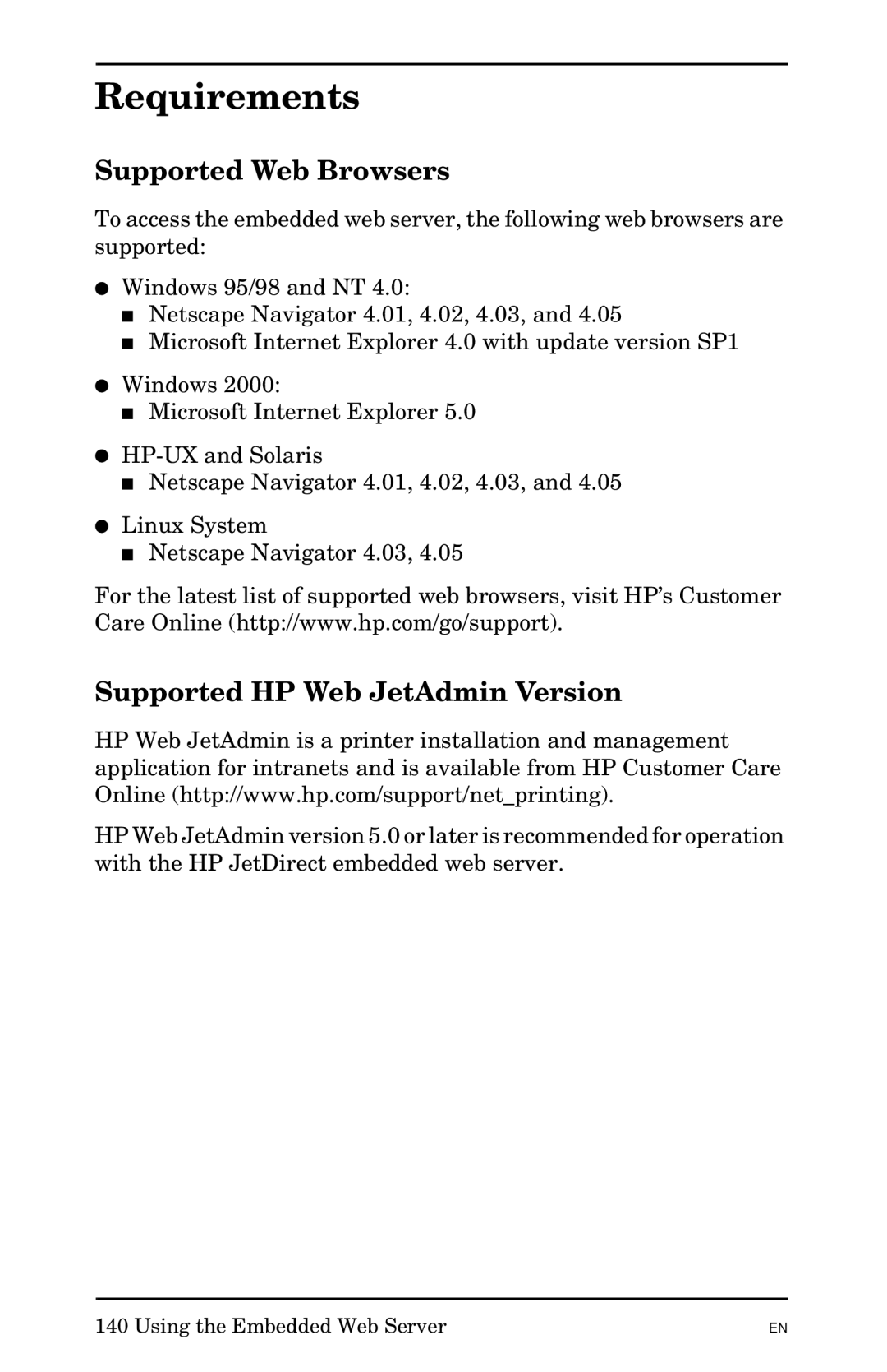 HP 300X manual Supported Web Browsers, Supported HP Web JetAdmin Version 