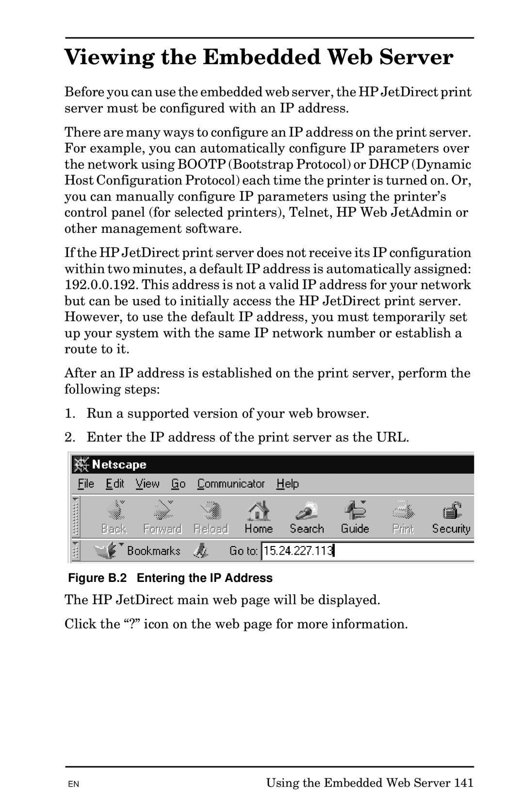 HP 300X manual Viewing the Embedded Web Server, Figure B.2 Entering the IP Address 