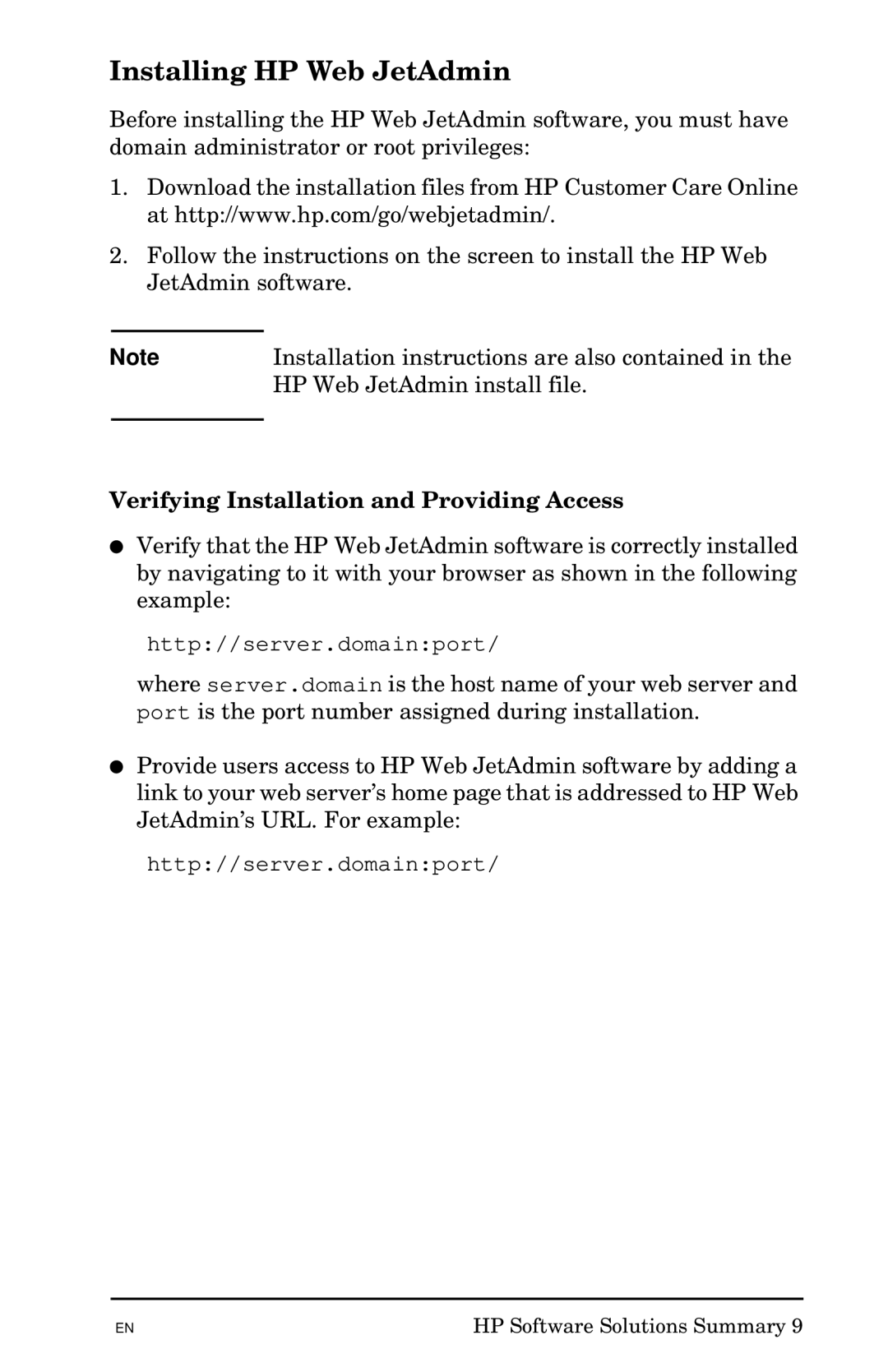 HP 300X manual Installing HP Web JetAdmin, Verifying Installation and Providing Access 