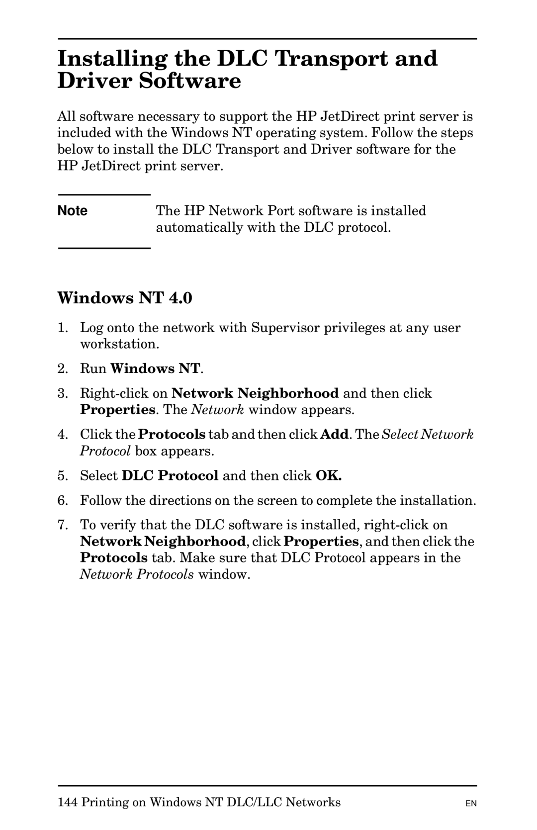 HP 300X manual Installing the DLC Transport and Driver Software, Run Windows NT 