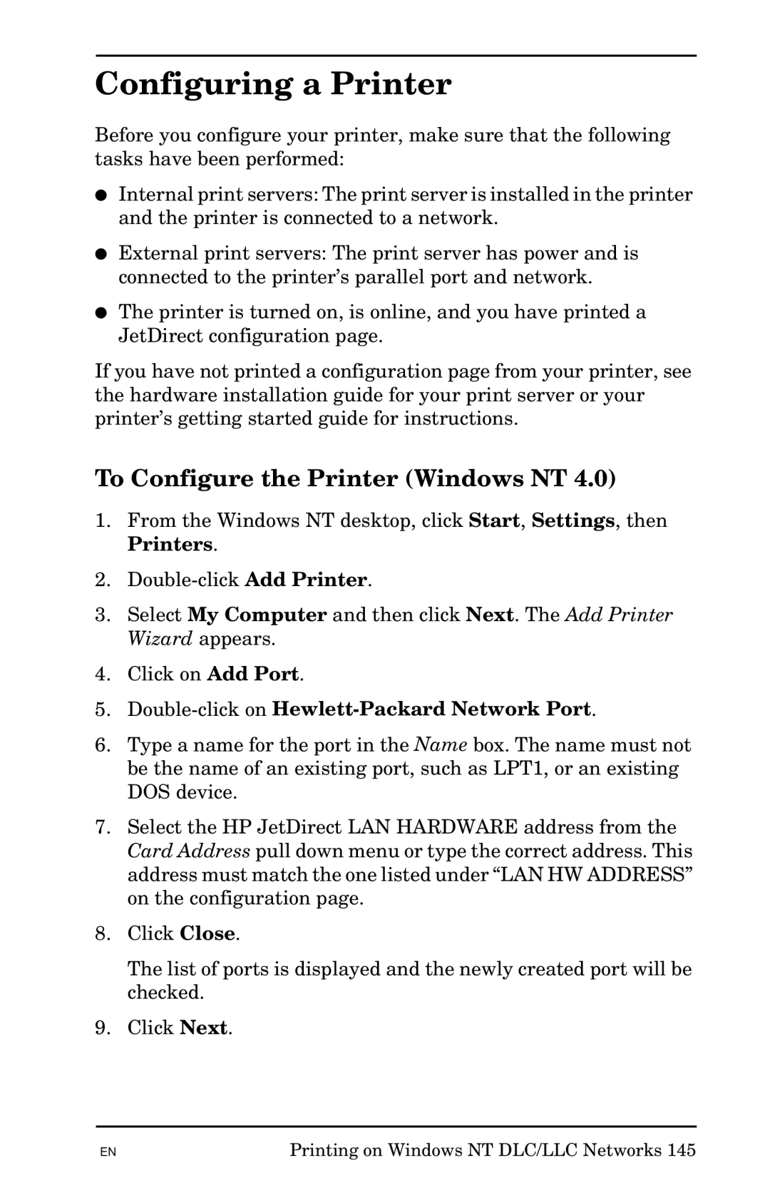 HP 300X manual Configuring a Printer, To Configure the Printer Windows NT, Double-click on Hewlett-Packard Network Port 