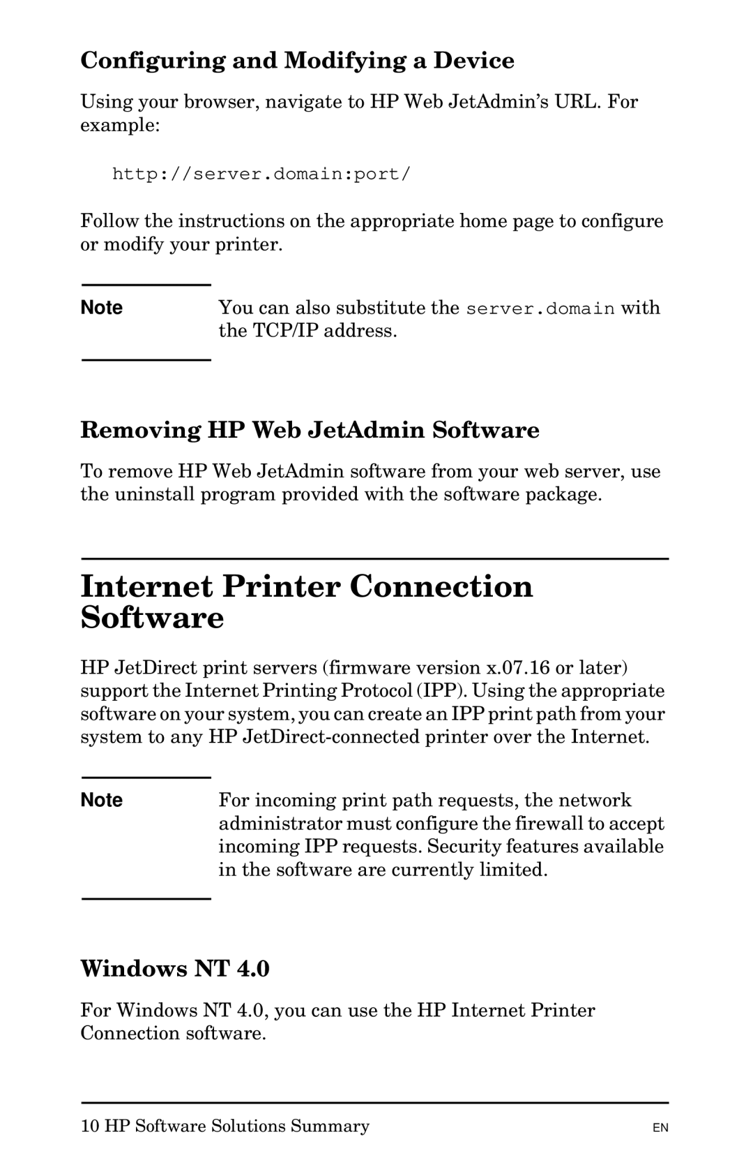 HP 300X manual Internet Printer Connection Software, Configuring and Modifying a Device, Removing HP Web JetAdmin Software 