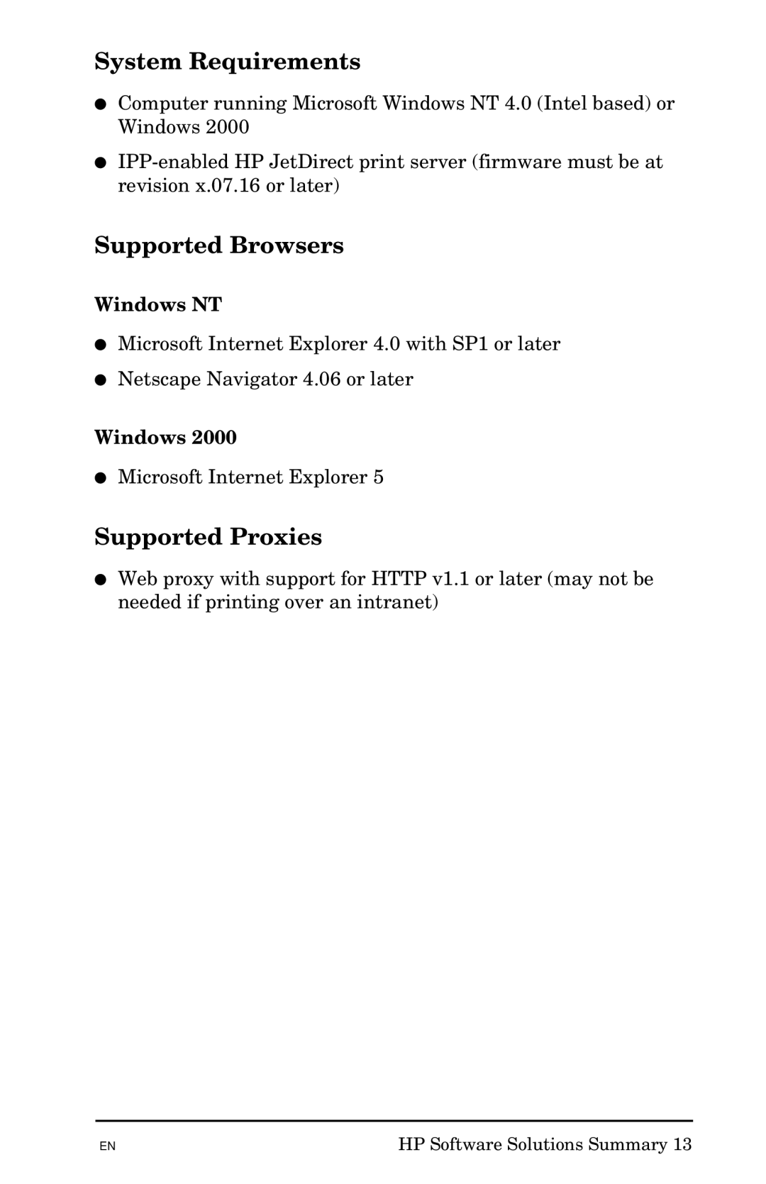 HP 300X manual Supported Browsers, Supported Proxies, Windows NT 