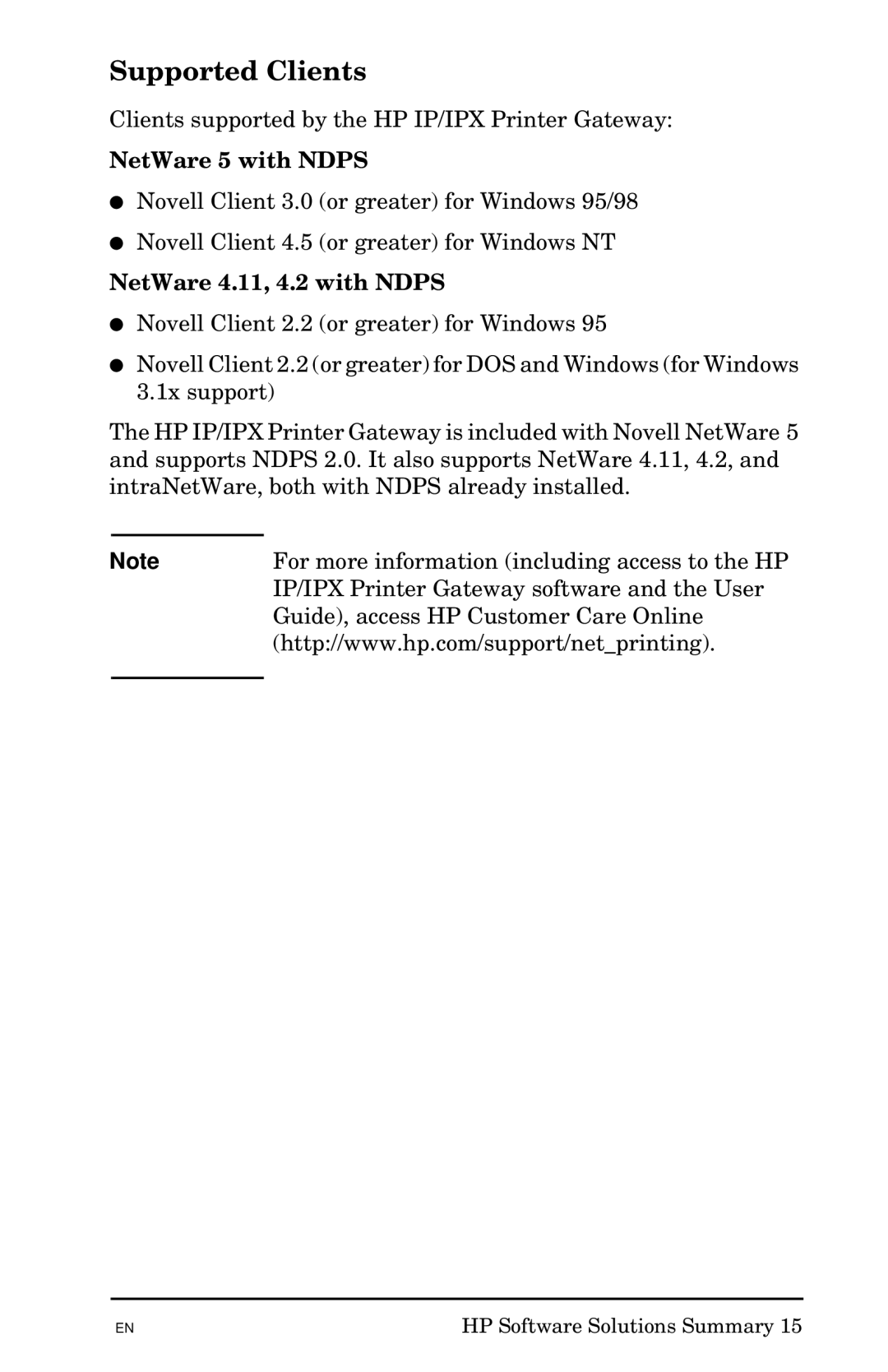 HP 300X manual Supported Clients, NetWare 5 with Ndps, NetWare 4.11, 4.2 with Ndps 