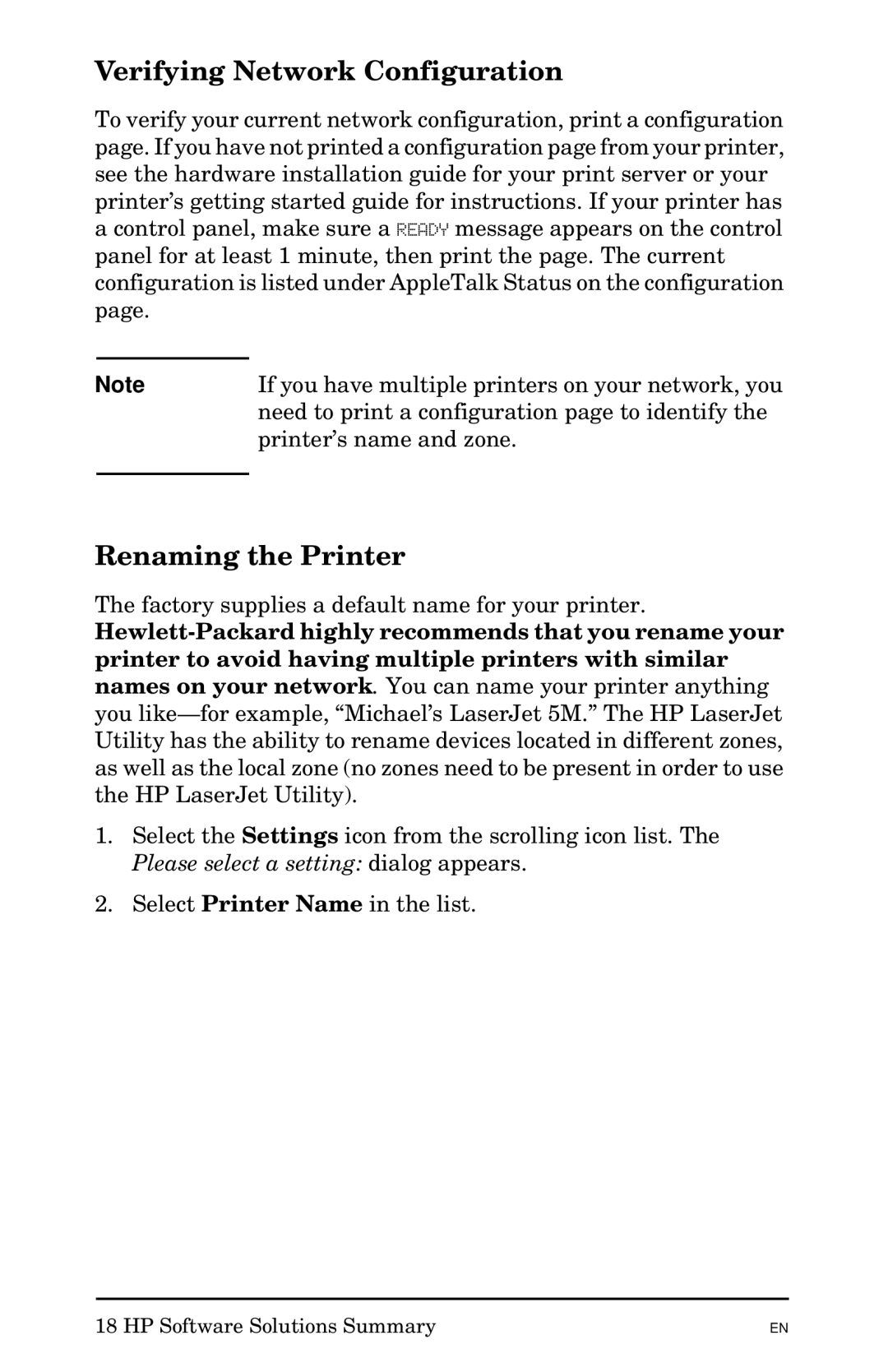 HP 300X manual Verifying Network Configuration, Renaming the Printer 