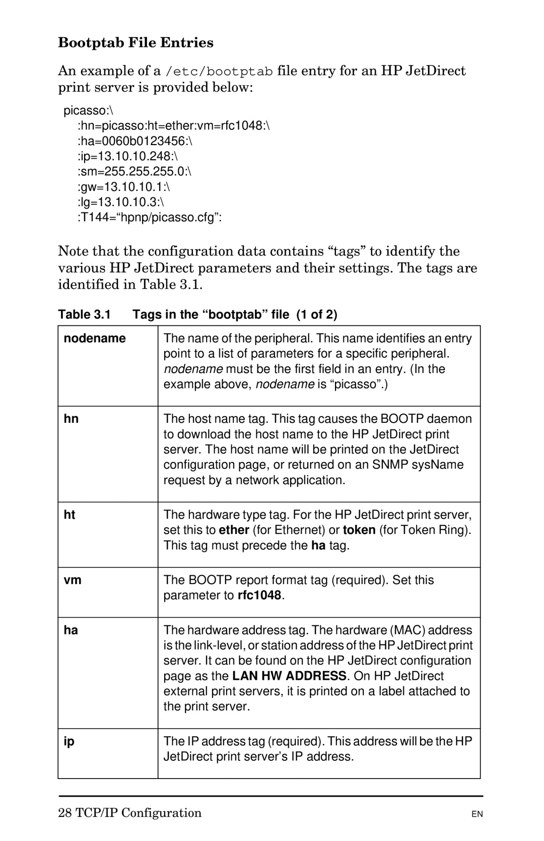 HP 300X manual Bootptab File Entries, Tags in the bootptab file 1 Nodename 