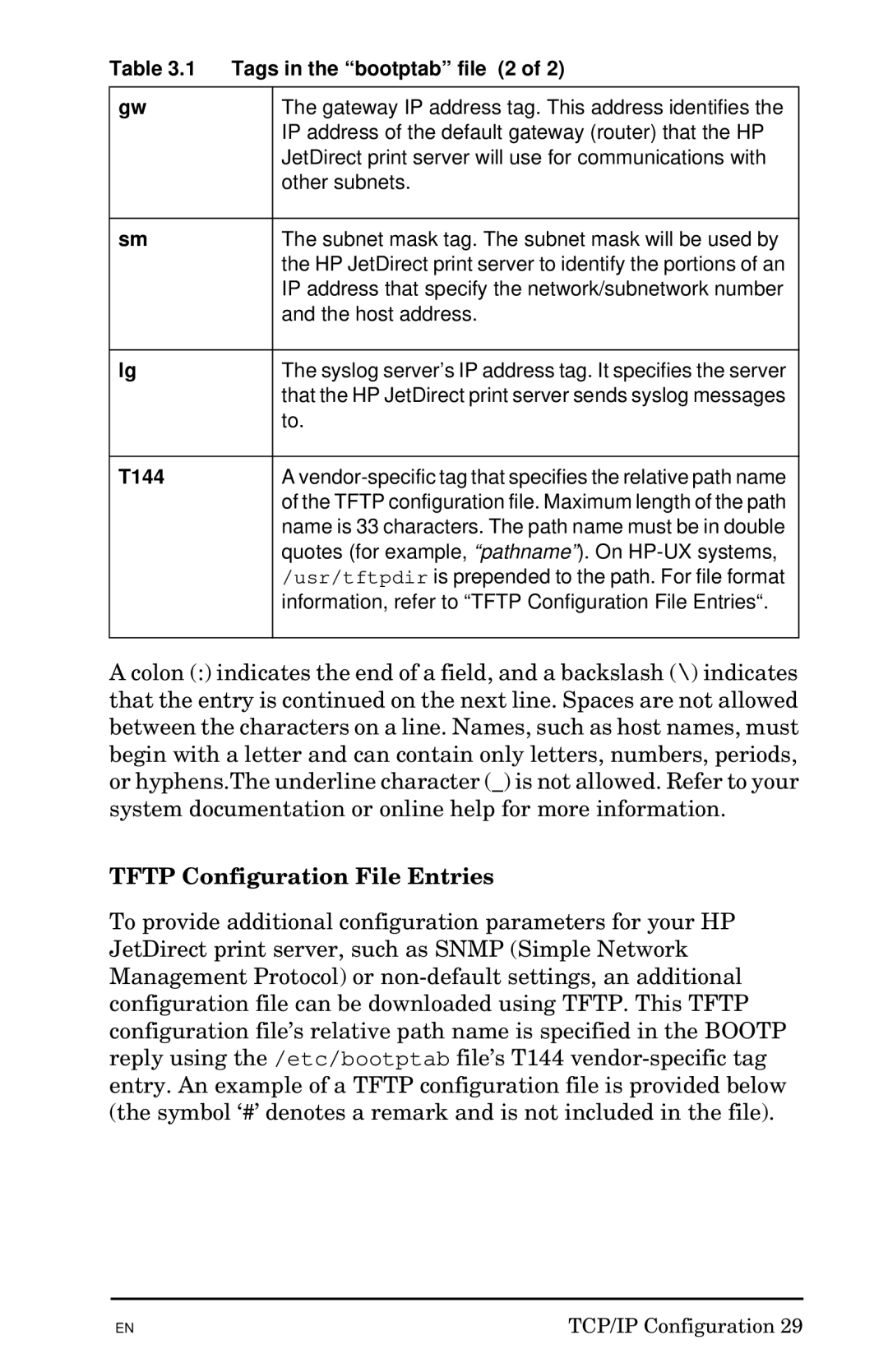 HP 300X manual Tftp Configuration File Entries, Tags in the bootptab file 2, T144 