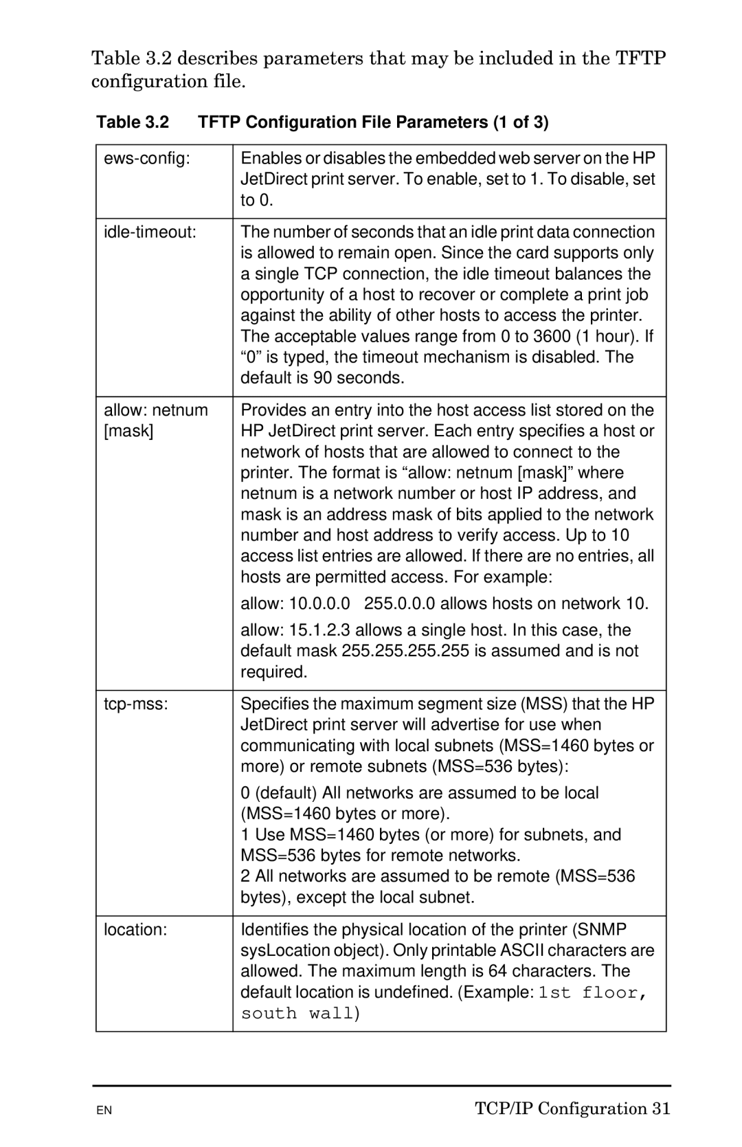 HP 300X manual Tftp Configuration File Parameters 1, Ews-config 