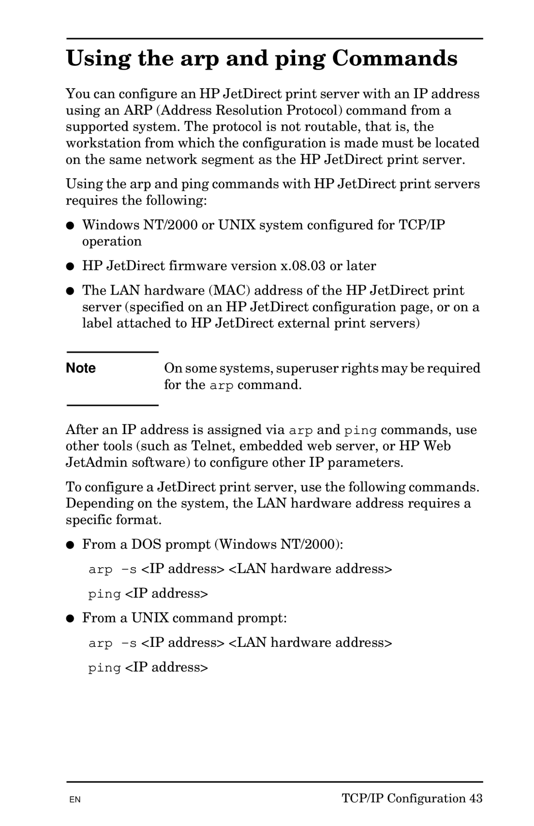 HP 300X manual Using the arp and ping Commands 