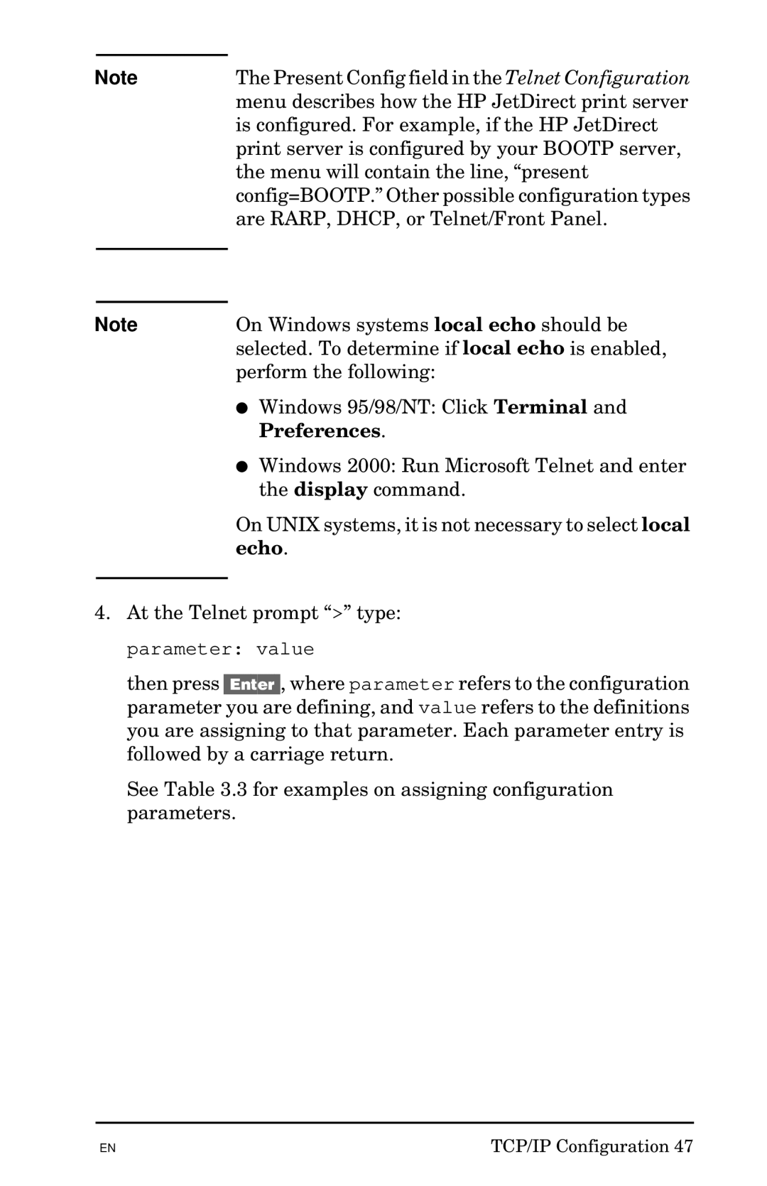 HP 300X manual Present Config field in the Telnet Configuration 