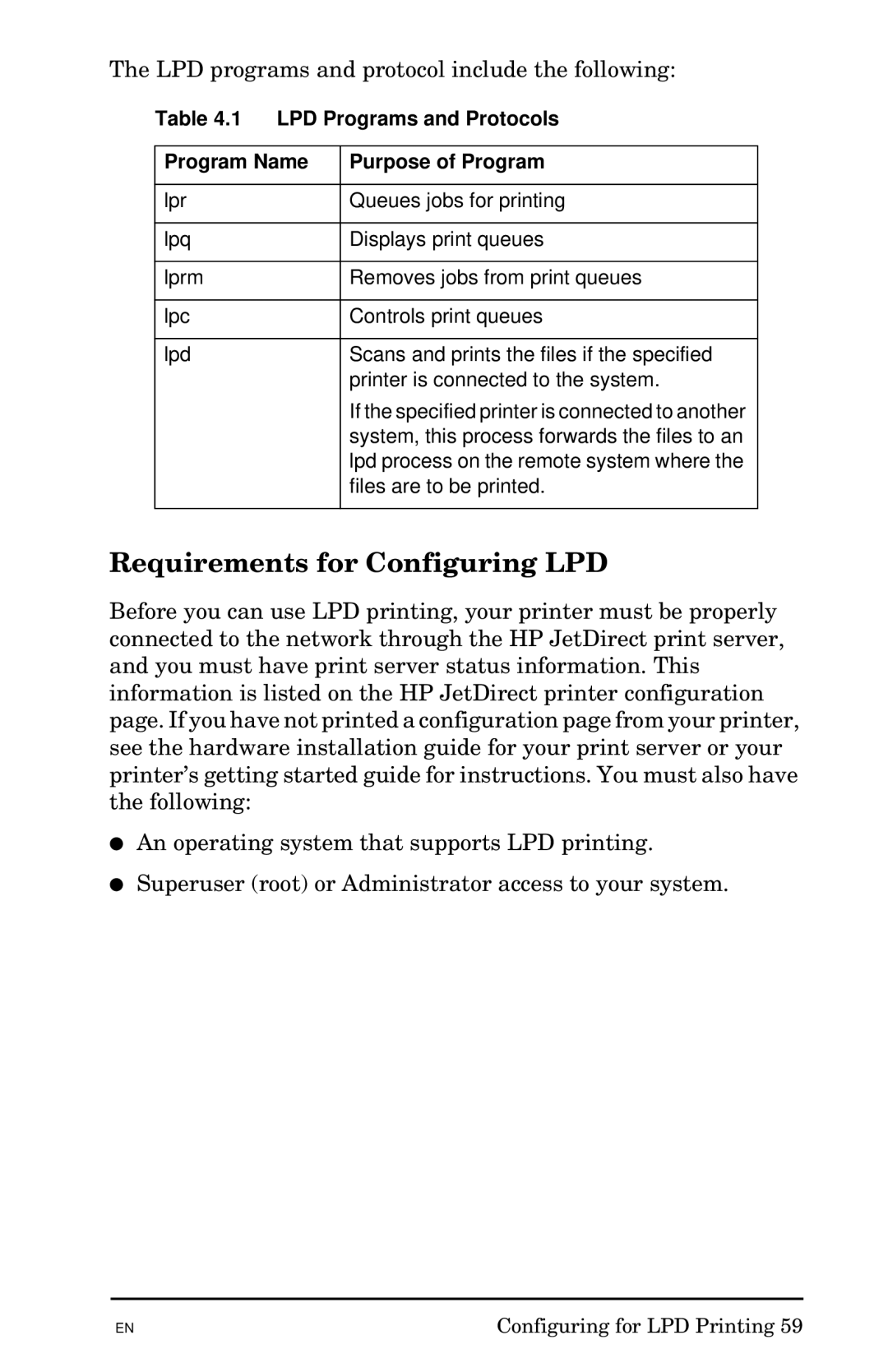 HP 300X manual Requirements for Configuring LPD, LPD Programs and Protocols Program Name Purpose of Program 