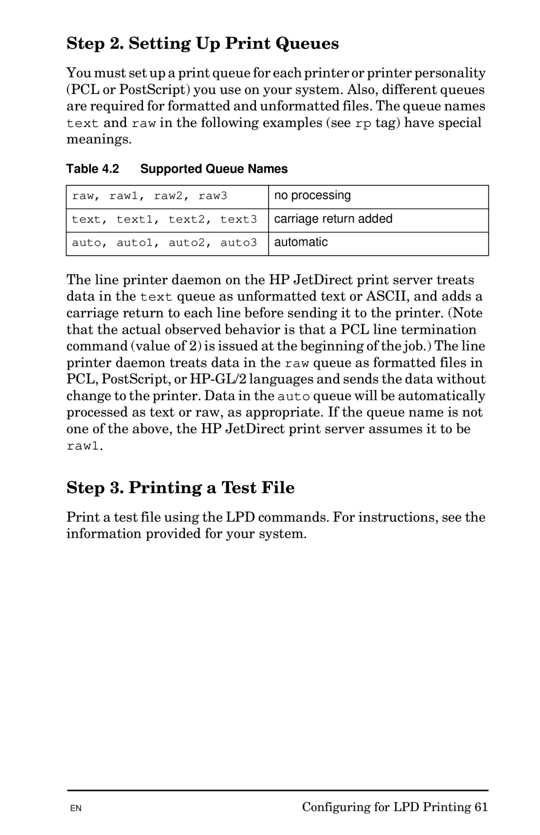 HP 300X manual Setting Up Print Queues, Printing a Test File, Supported Queue Names 