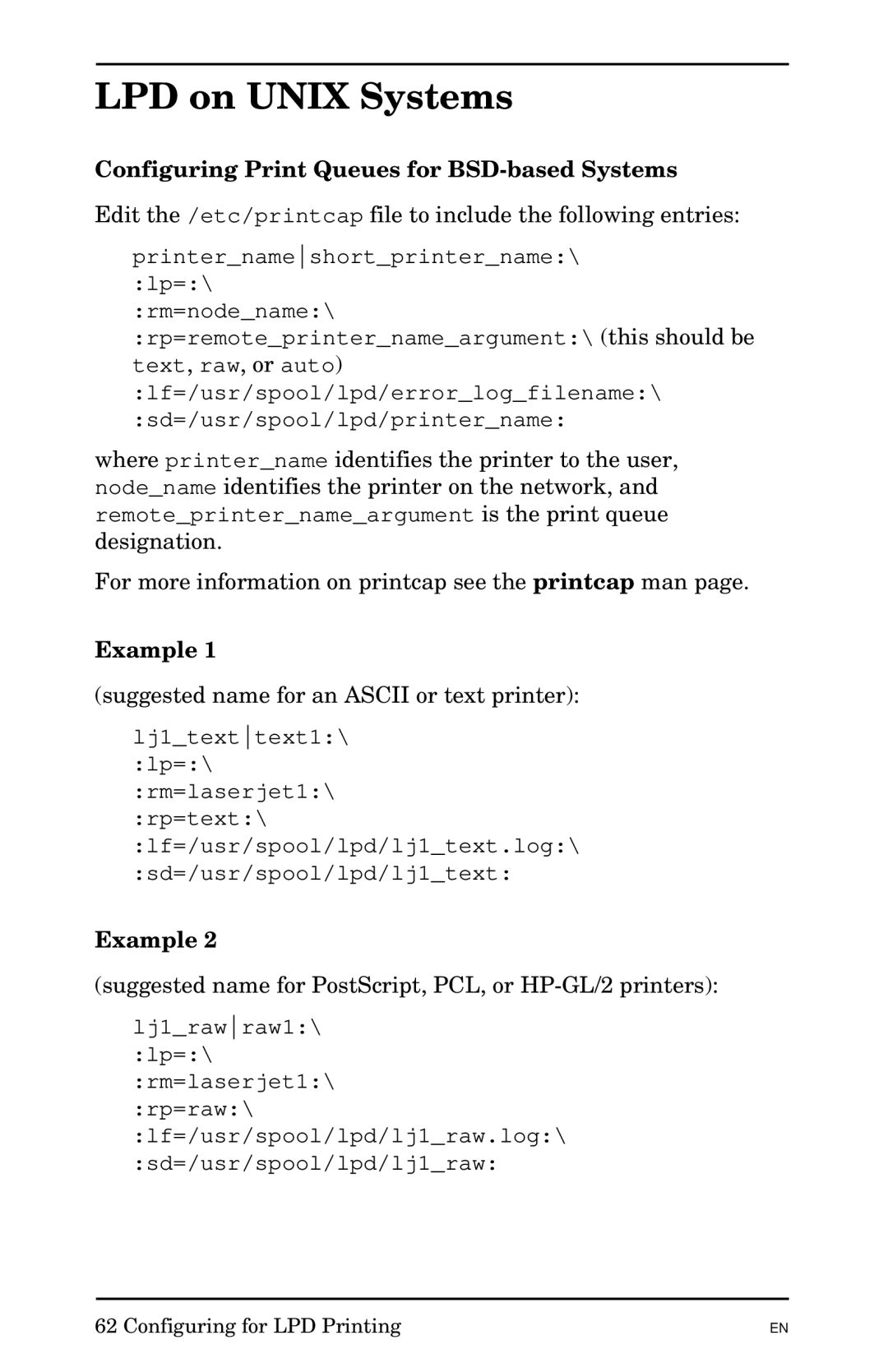 HP 300X manual LPD on Unix Systems, Configuring Print Queues for BSD-based Systems, Example 