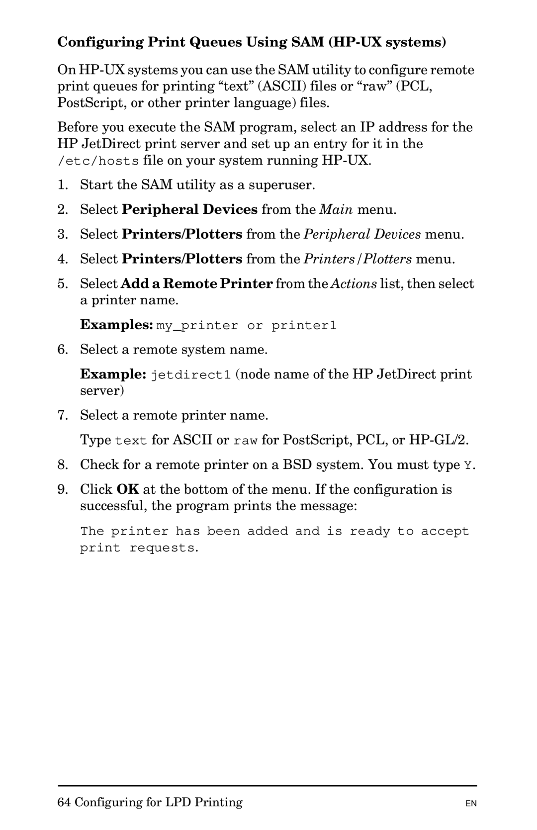 HP 300X manual Configuring Print Queues Using SAM HP-UX systems 