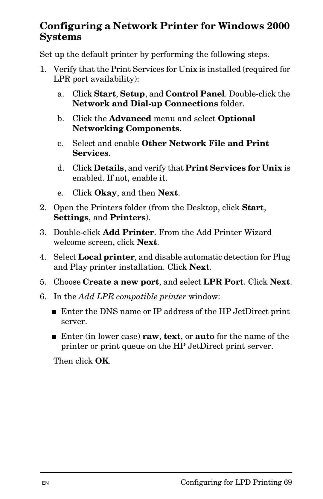 HP 300X Configuring a Network Printer for Windows 2000 Systems, Select and enable Other Network File and Print Services 