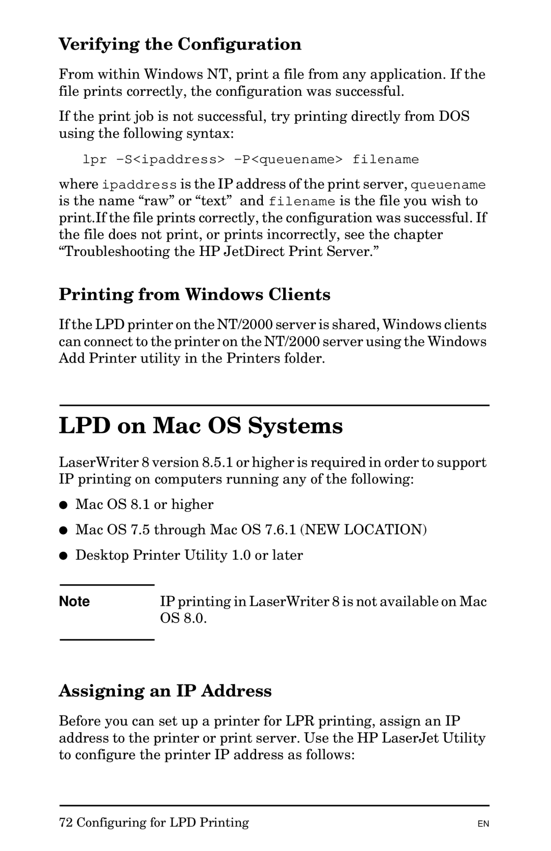 HP 300X manual LPD on Mac OS Systems, Verifying the Configuration, Printing from Windows Clients, Assigning an IP Address 