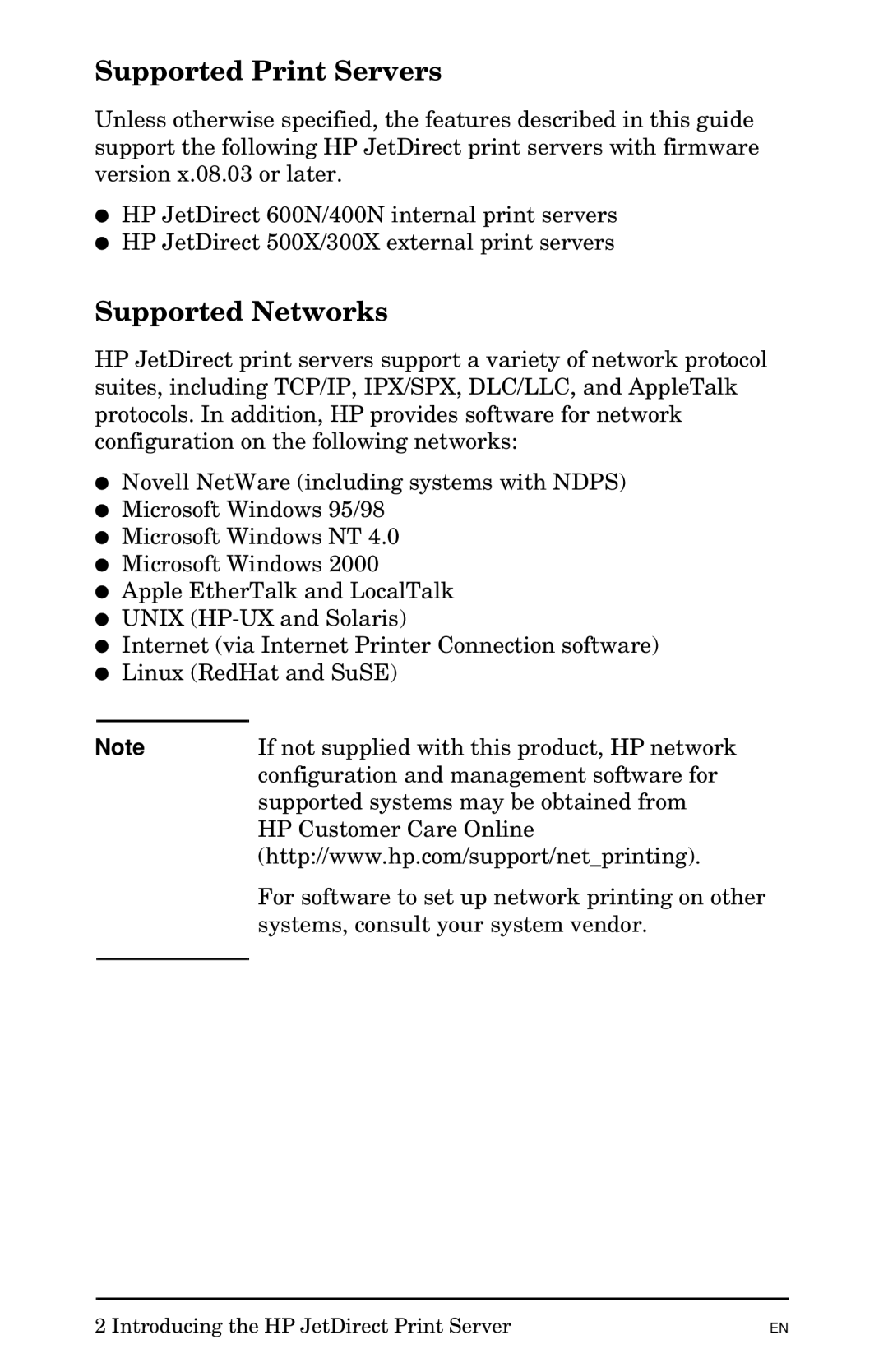 HP 300X manual Supported Print Servers, Supported Networks 