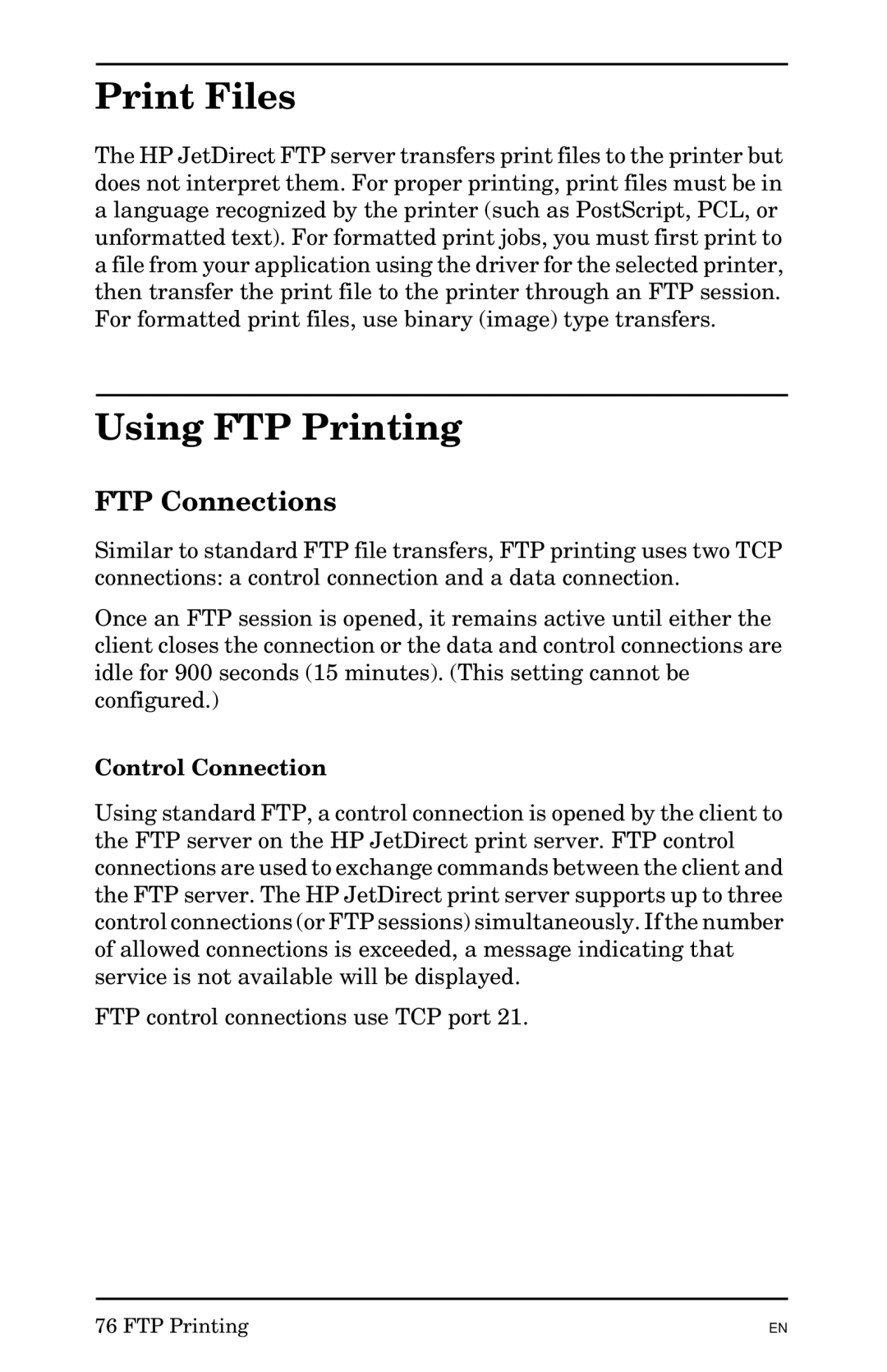 HP 300X manual Print Files, Using FTP Printing, FTP Connections, Control Connection 