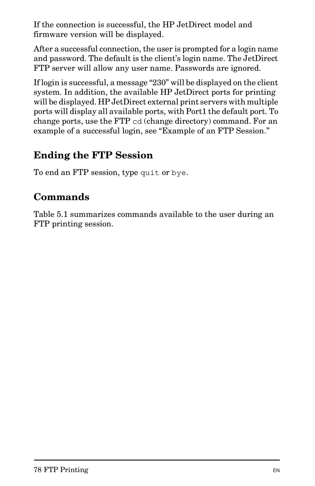 HP 300X manual Ending the FTP Session, Commands 