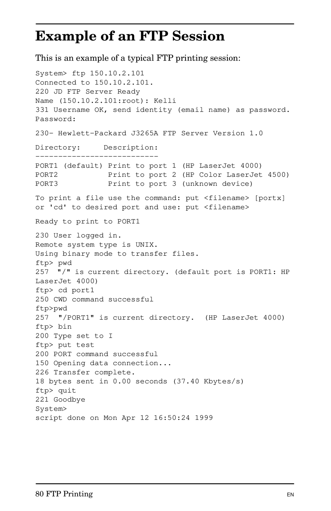 HP 300X manual Example of an FTP Session, This is an example of a typical FTP printing session 