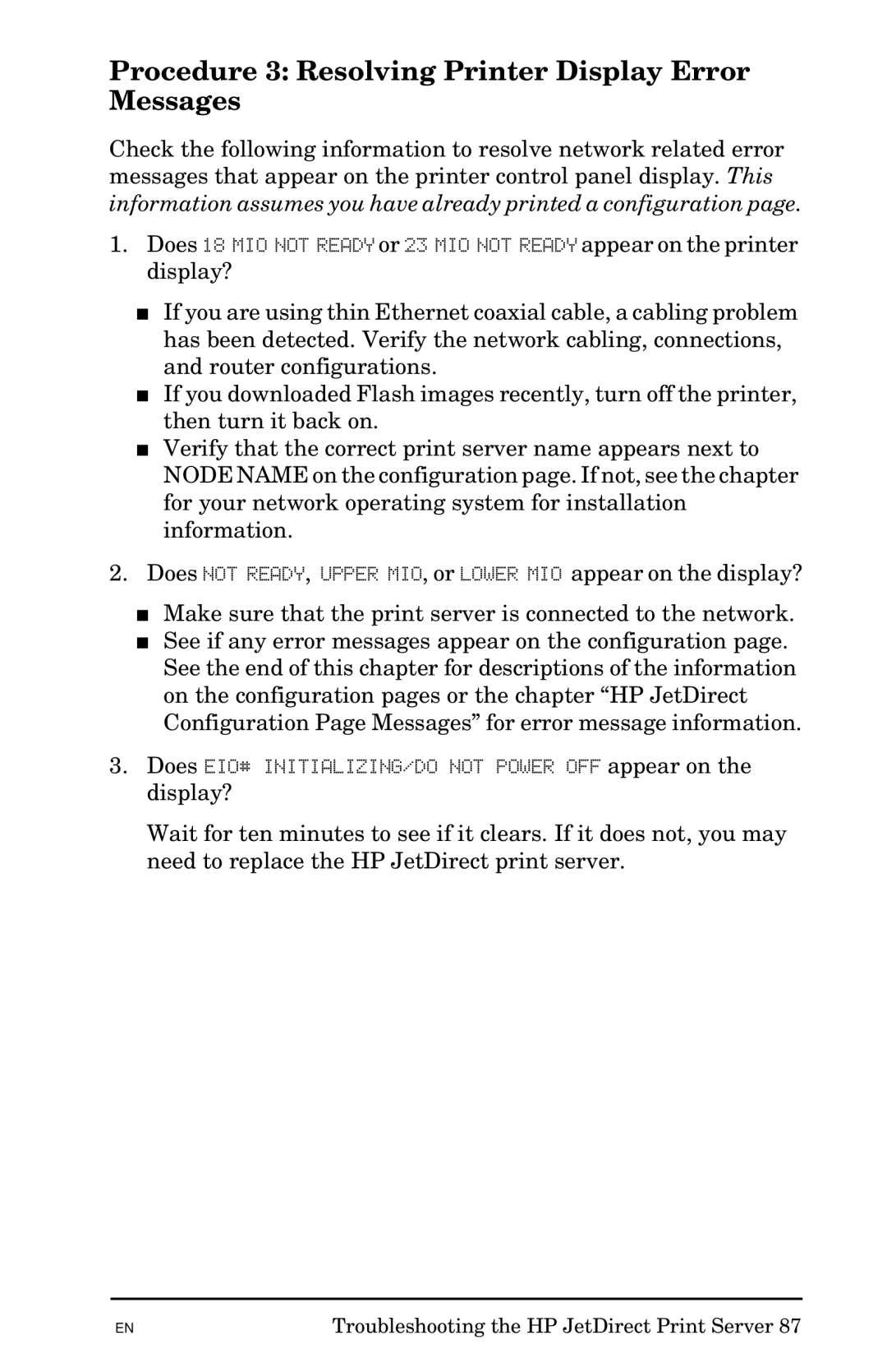 HP 300X manual Procedure 3 Resolving Printer Display Error Messages 