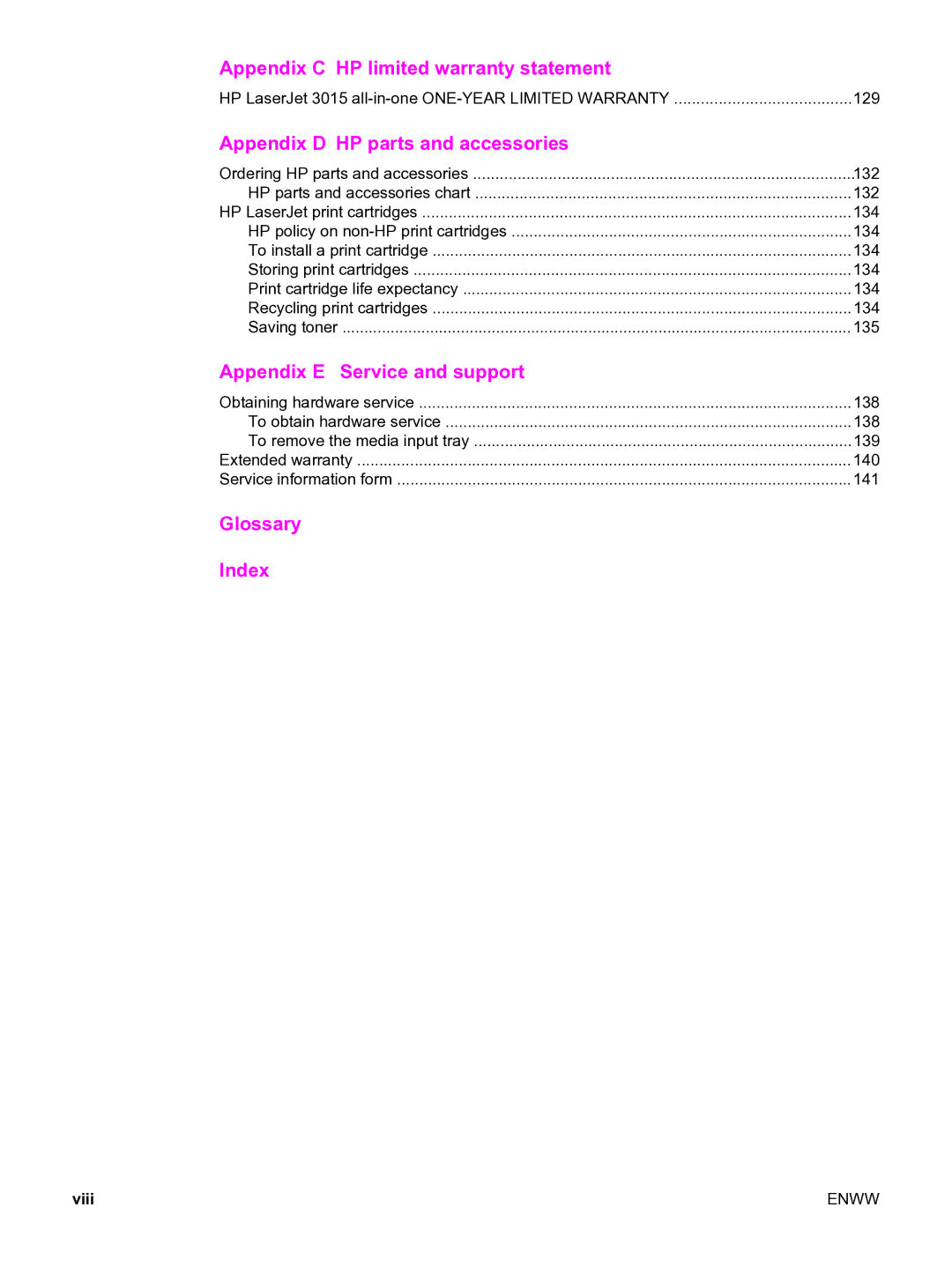 HP 3015 manual Appendix D HP parts and accessories, Viii 