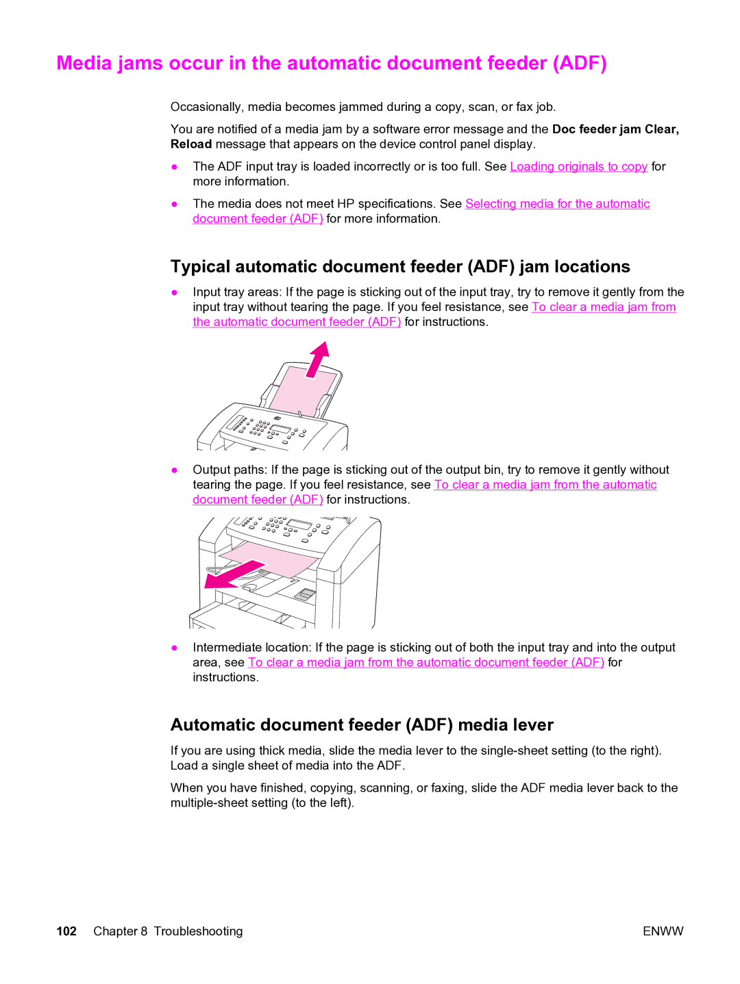 HP 3015 manual Media jams occur in the automatic document feeder ADF, Typical automatic document feeder ADF jam locations 