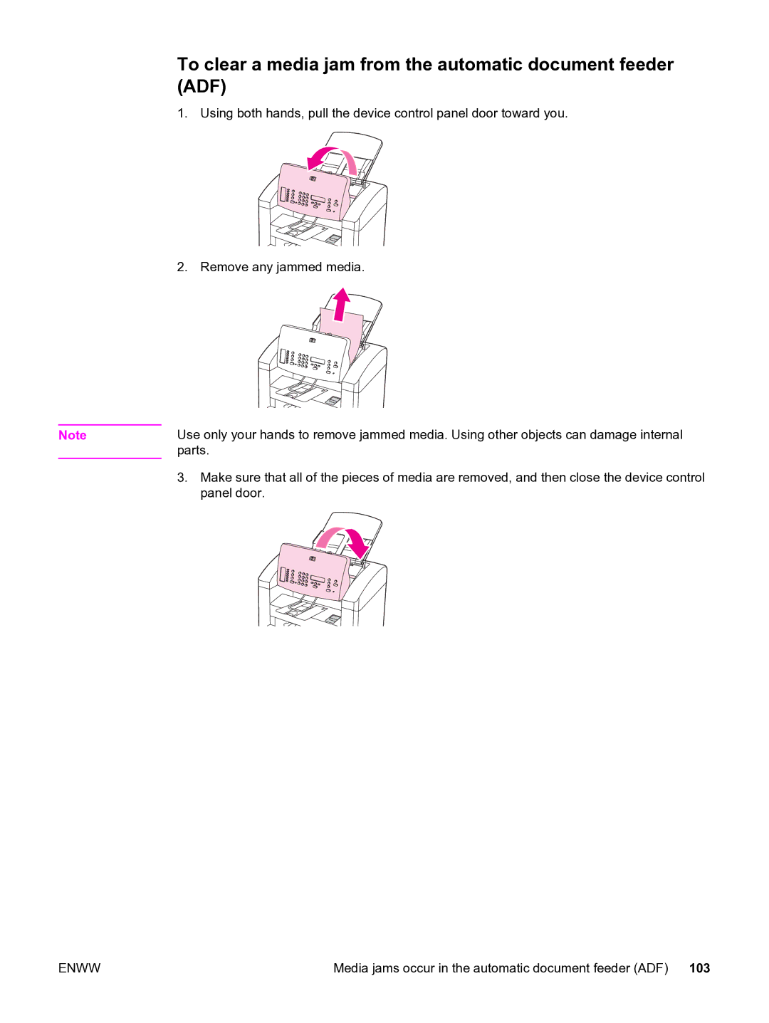 HP 3015 manual To clear a media jam from the automatic document feeder ADF 