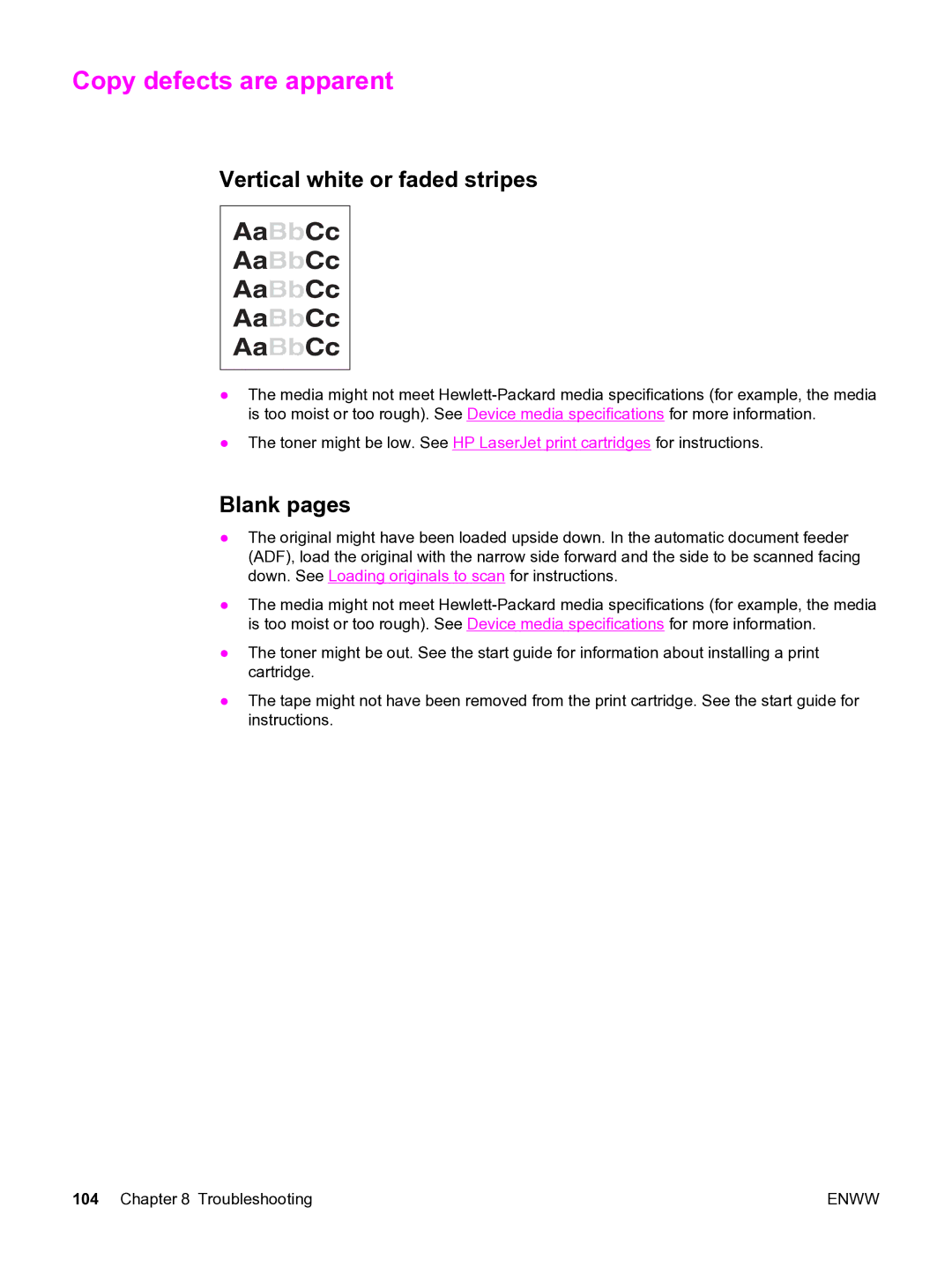 HP 3015 manual Copy defects are apparent, Vertical white or faded stripes, Blank pages 