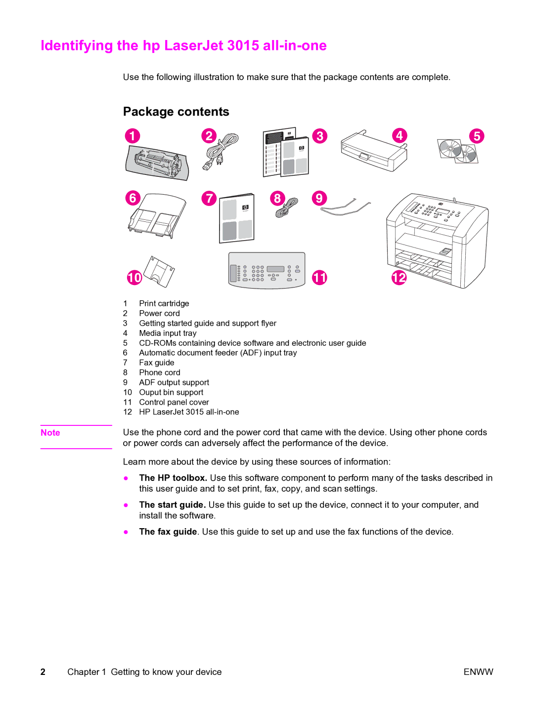 HP manual Identifying the hp LaserJet 3015 all-in-one, Package contents 