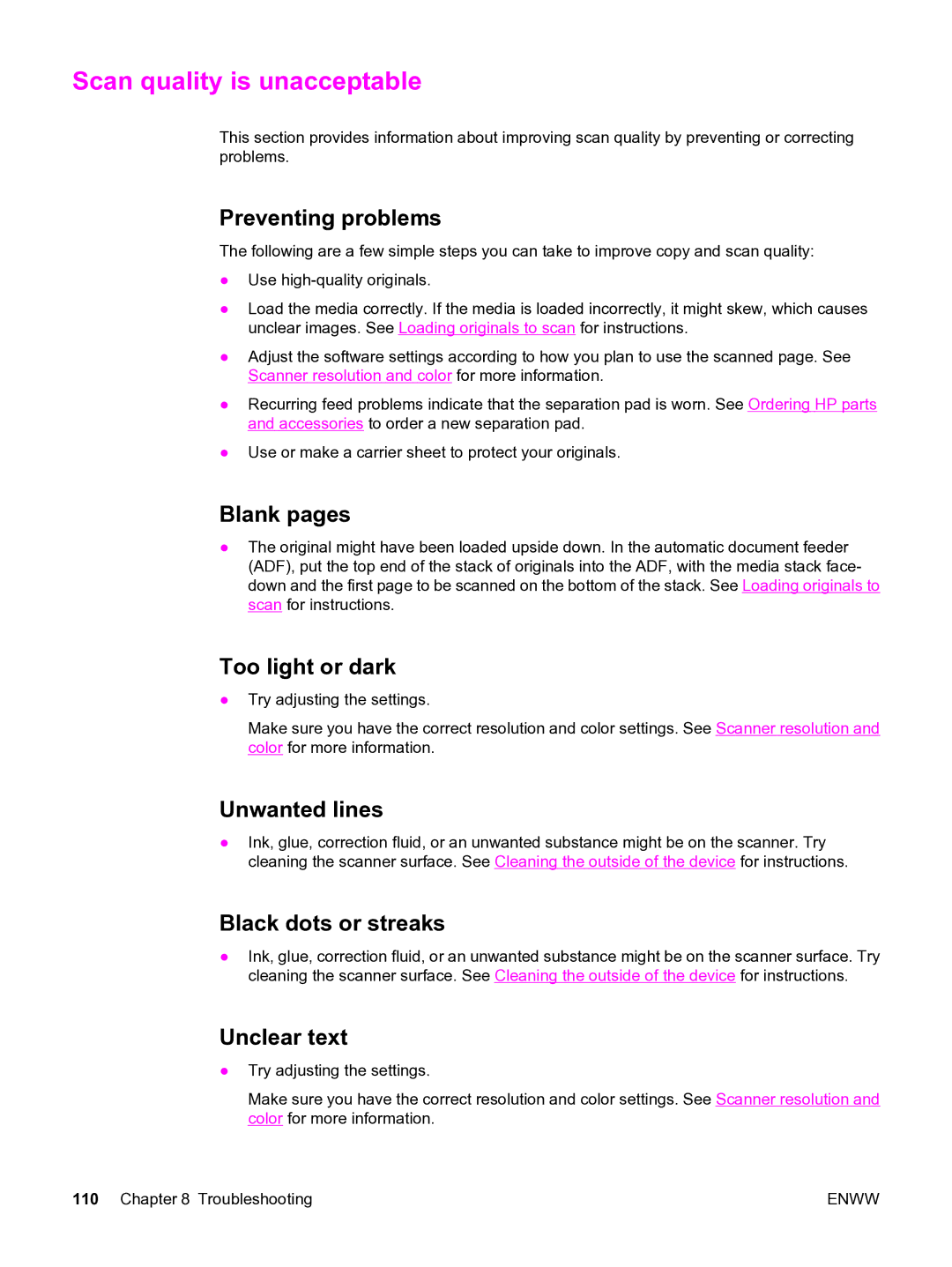 HP 3015 manual Scan quality is unacceptable, Preventing problems 