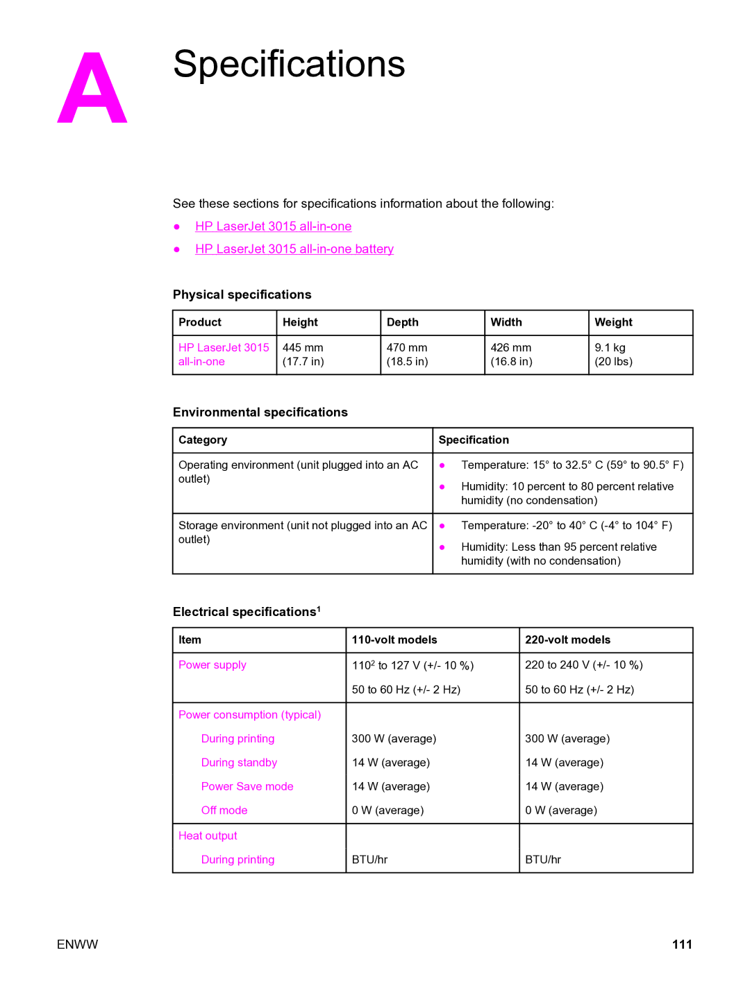 HP 3015 manual Specifications, Physical specifications, Environmental specifications, Electrical specifications1, 111 