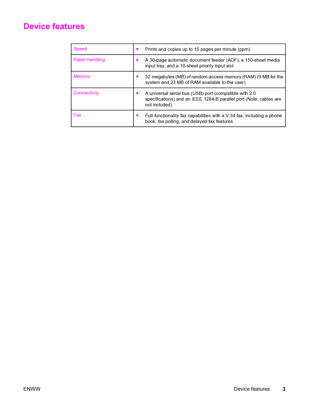 HP 3015 manual Device features, Paper handling 