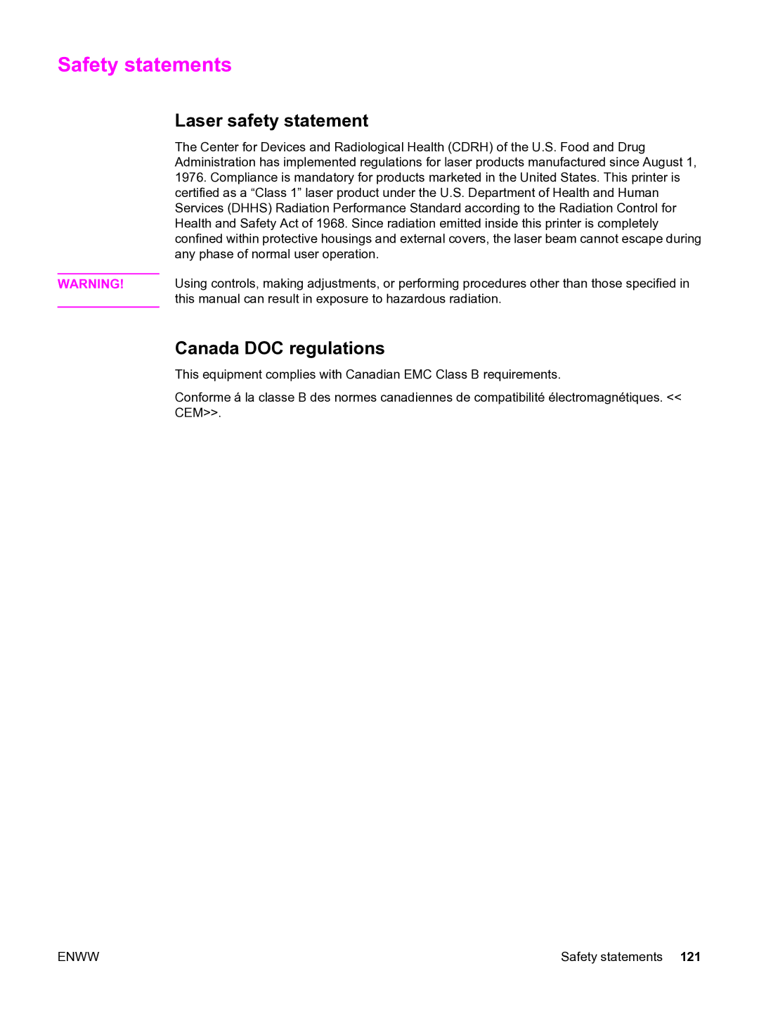 HP 3015 manual Safety statements, Laser safety statement, Canada DOC regulations 