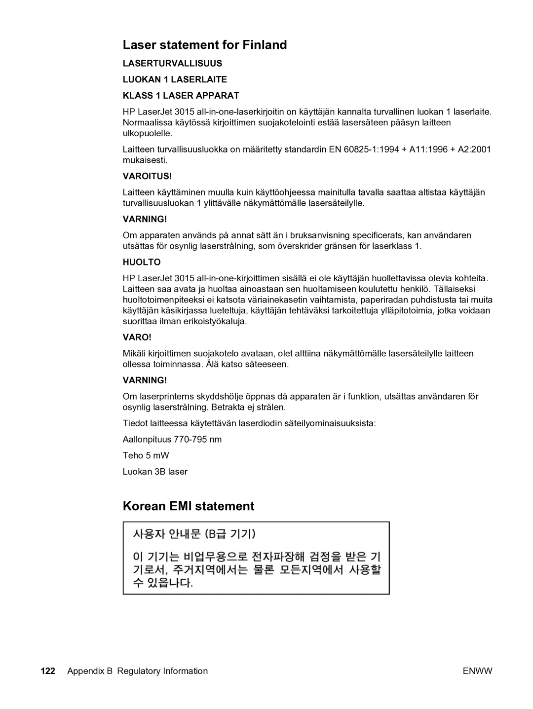 HP 3015 manual Laser statement for Finland, Korean EMI statement 