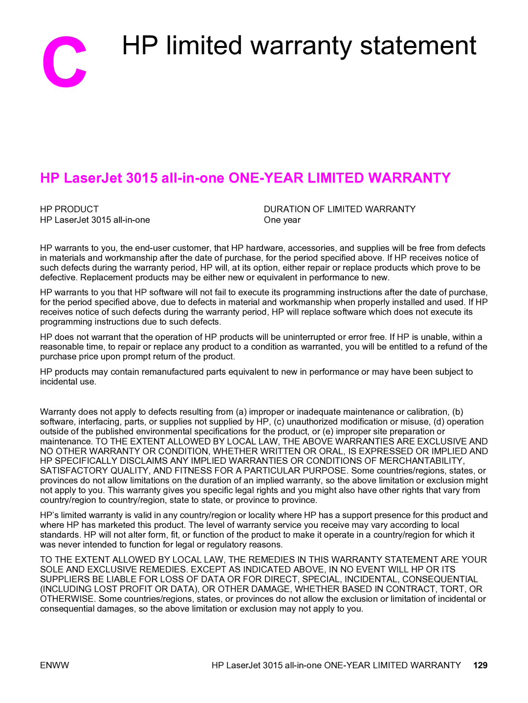 HP manual HP limited warranty statement, HP LaserJet 3015 all-in-one ONE-YEAR Limited Warranty 