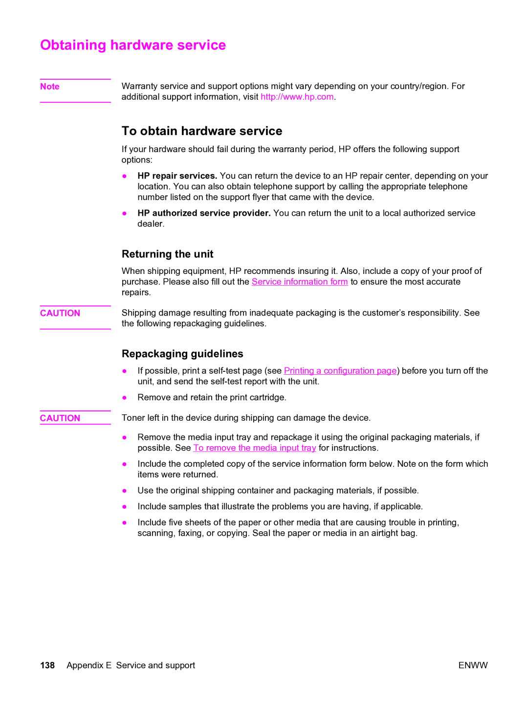 HP 3015 manual Obtaining hardware service, To obtain hardware service, Returning the unit, Repackaging guidelines 