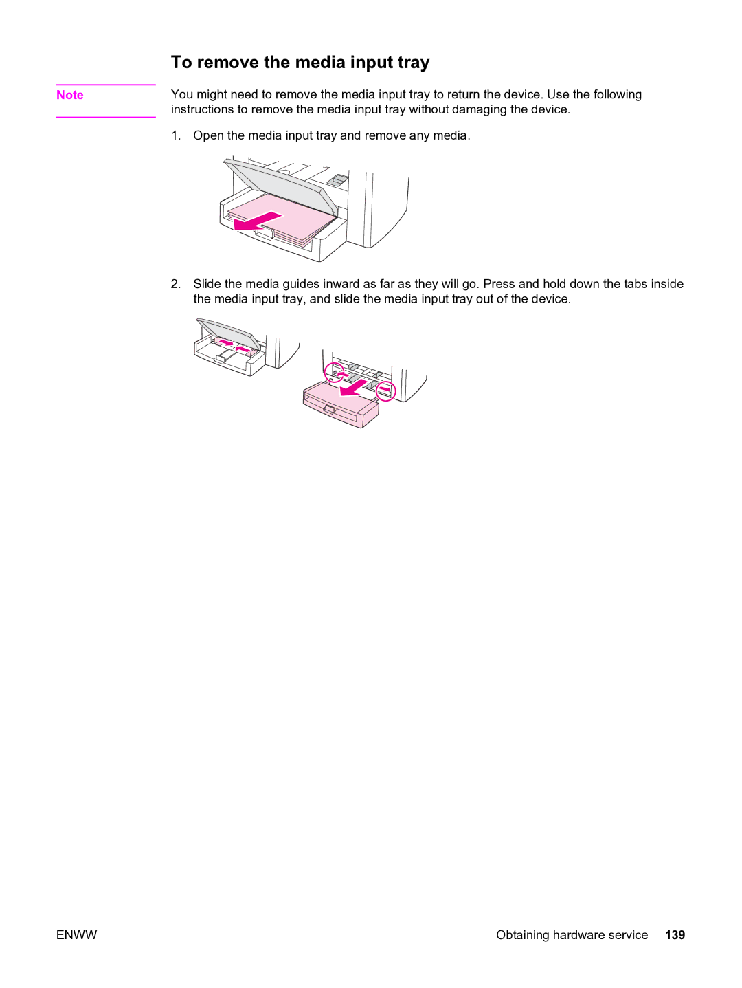 HP 3015 manual To remove the media input tray 