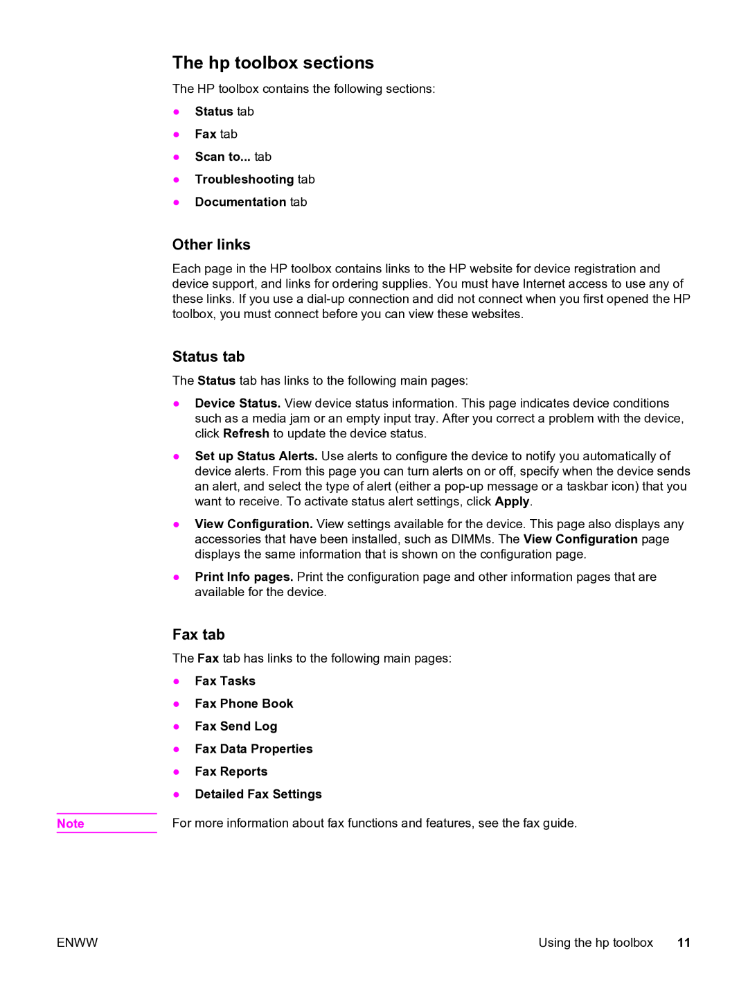 HP 3015 manual Hp toolbox sections, Other links, Status tab, Fax tab 