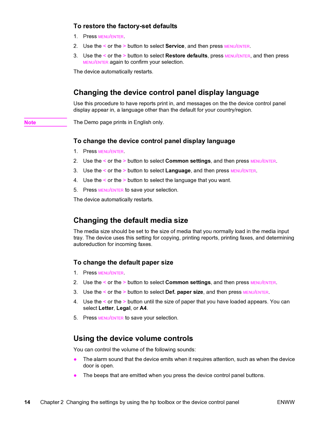 HP 3015 manual Changing the device control panel display language, Changing the default media size 