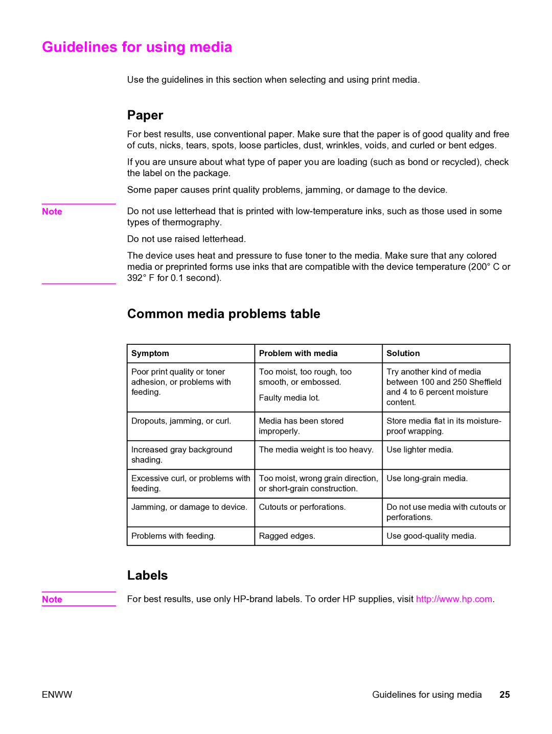 HP 3015 manual Guidelines for using media, Paper, Common media problems table, Labels 