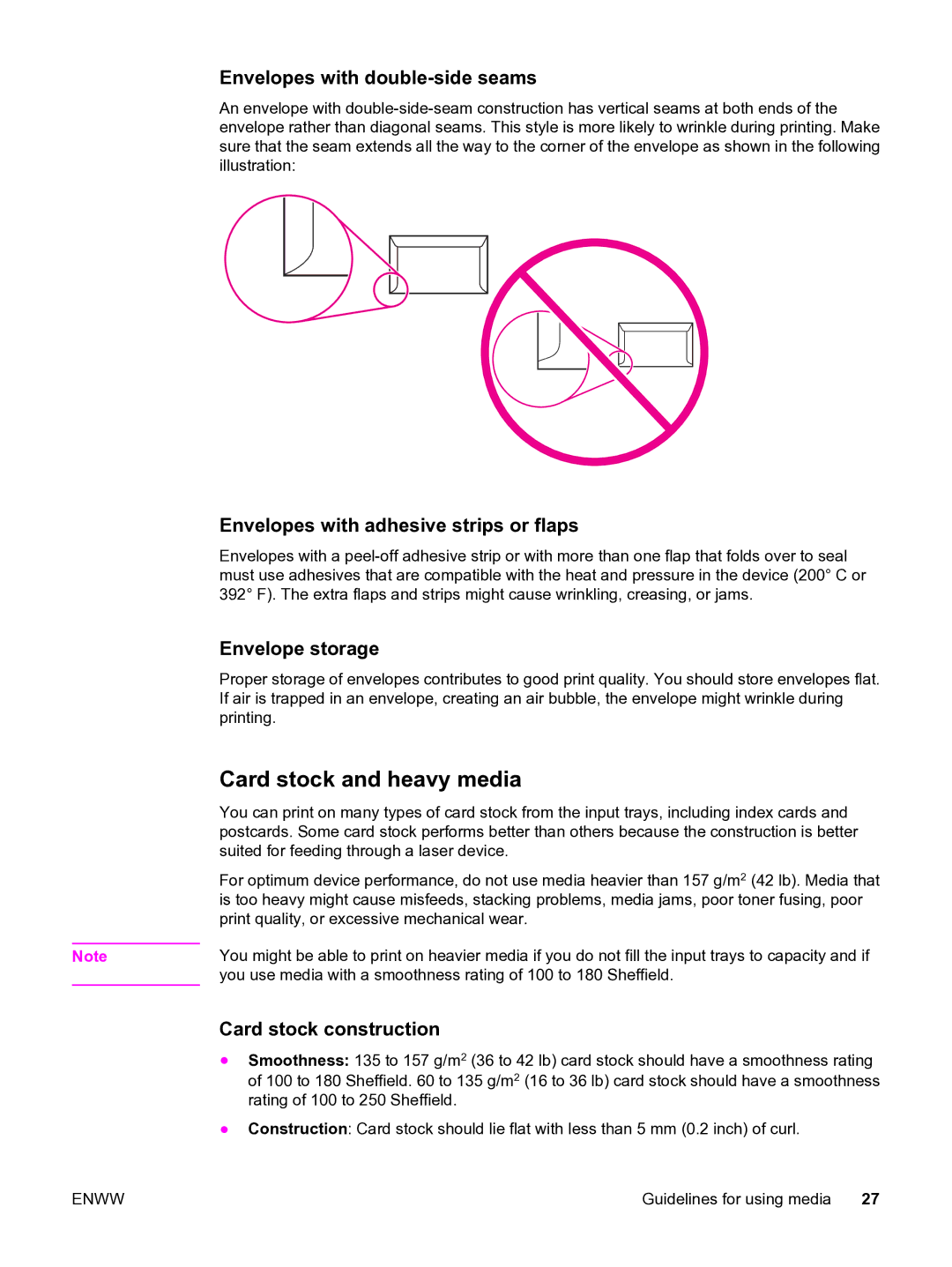 HP 3015 manual Card stock and heavy media, Envelopes with double-side seams, Envelopes with adhesive strips or flaps 