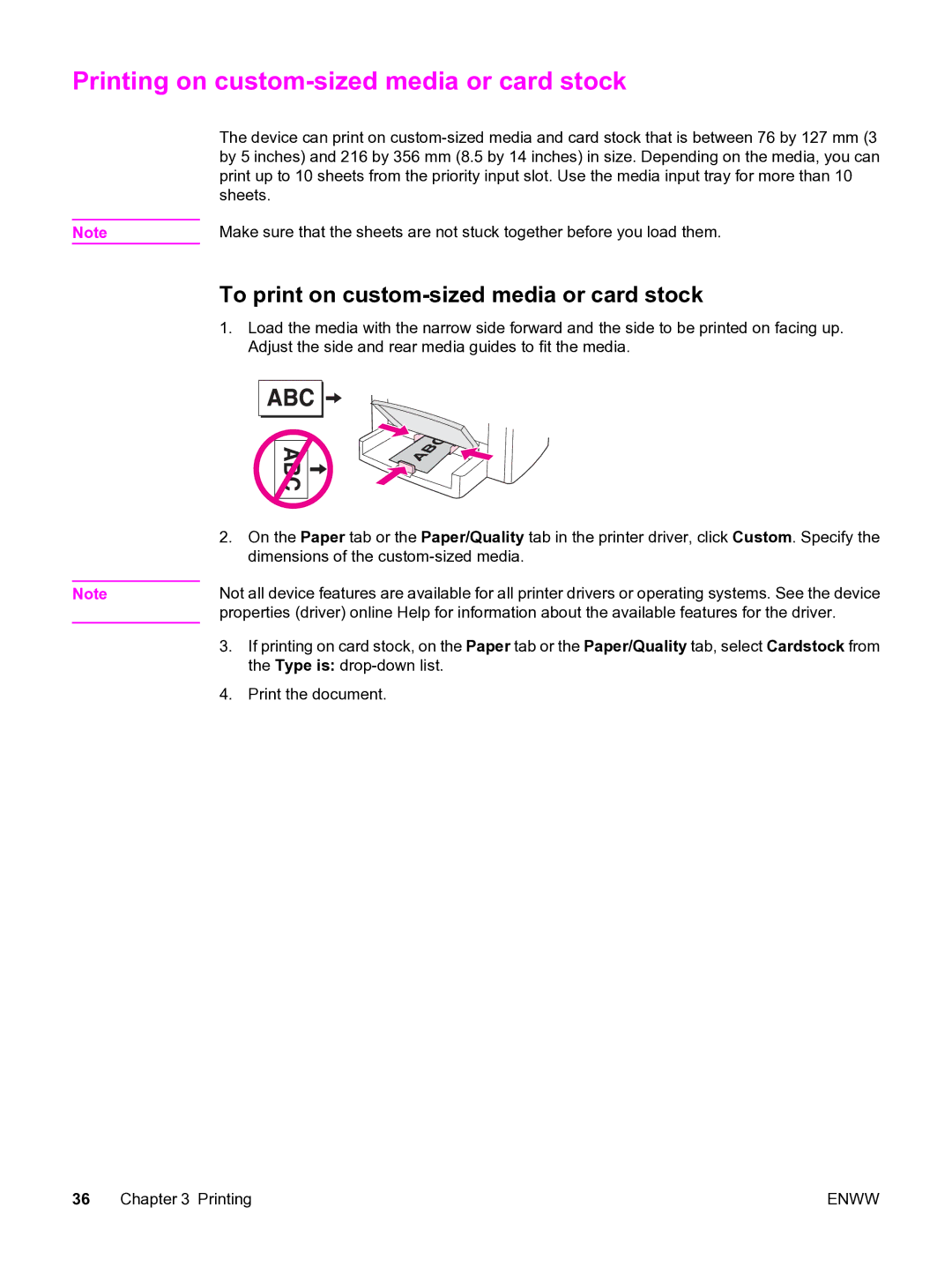 HP 3015 manual Printing on custom-sized media or card stock, To print on custom-sized media or card stock 