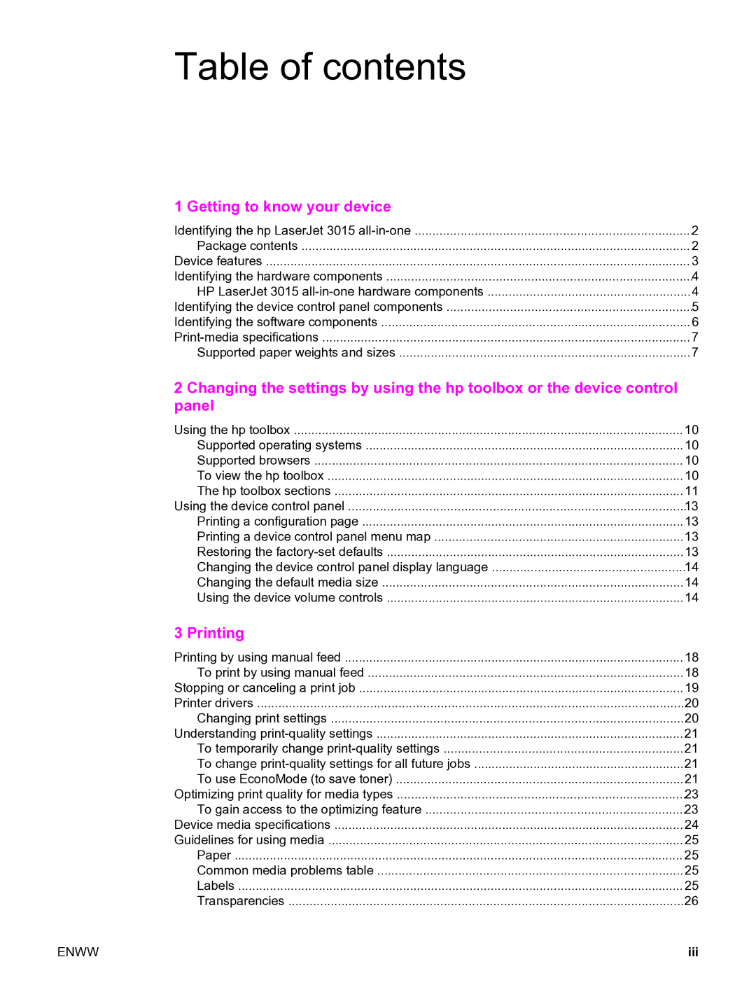 HP 3015 manual Table of contents 