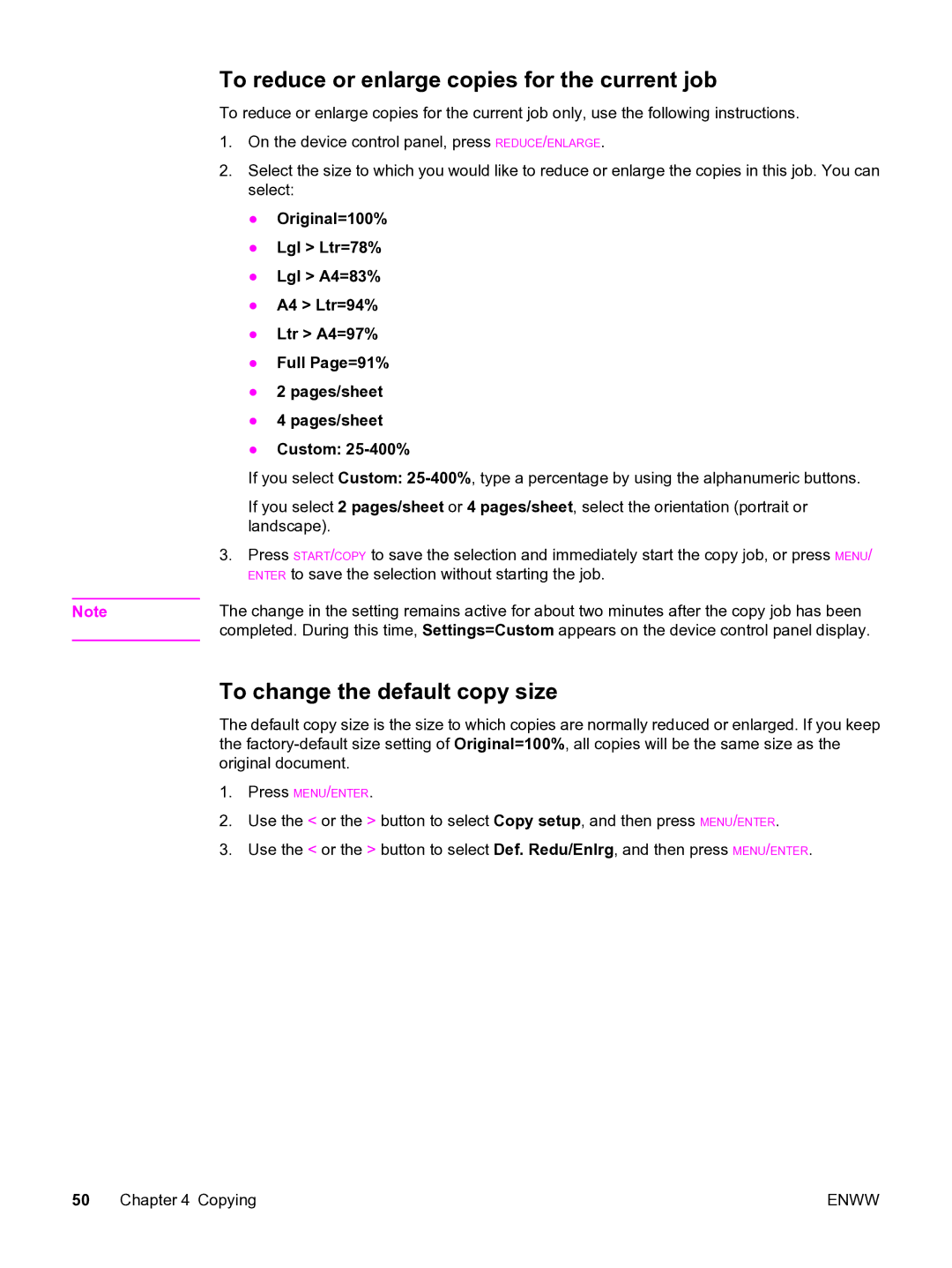 HP 3015 manual To reduce or enlarge copies for the current job, To change the default copy size 