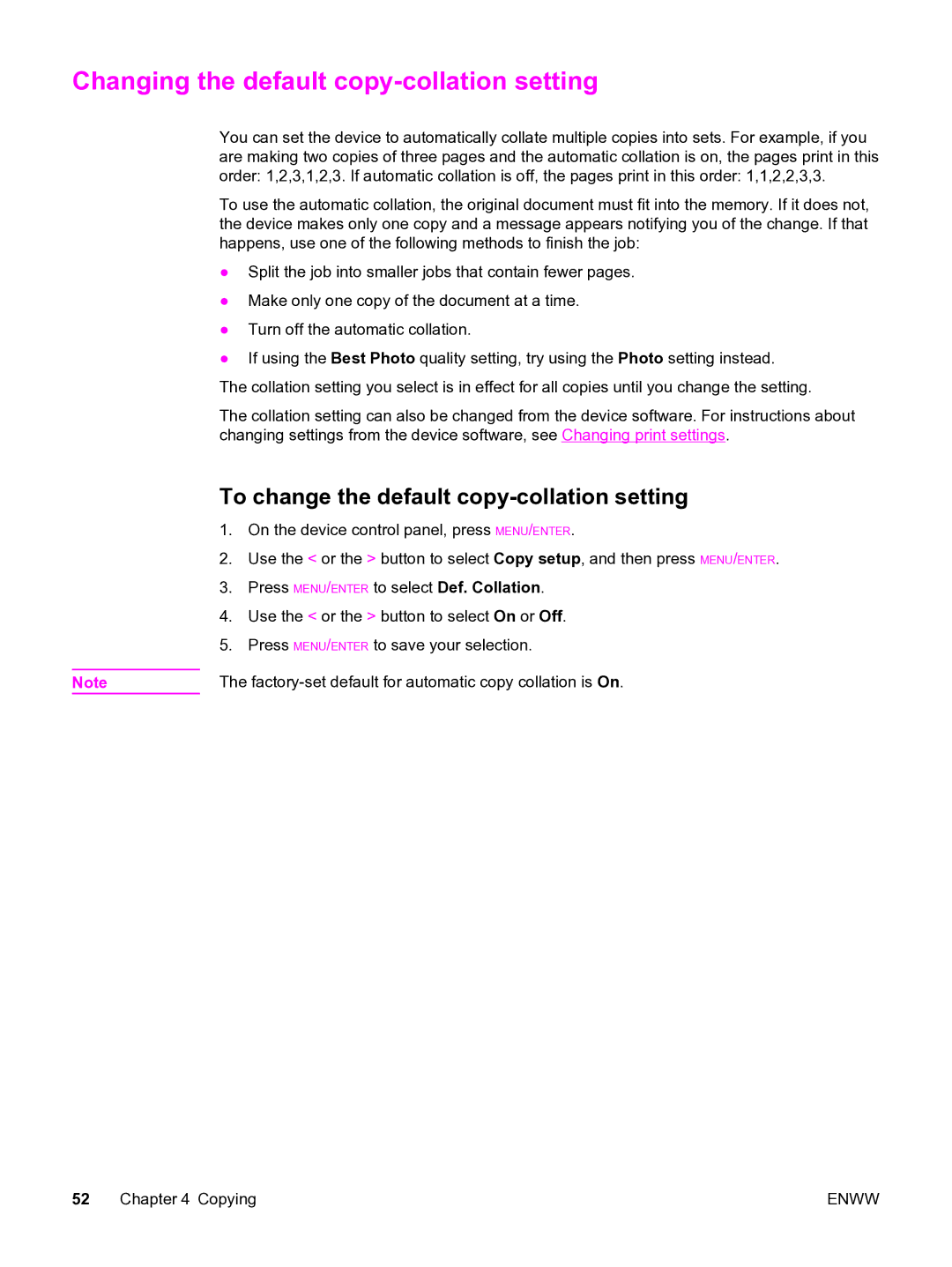 HP 3015 manual Changing the default copy-collation setting, To change the default copy-collation setting 