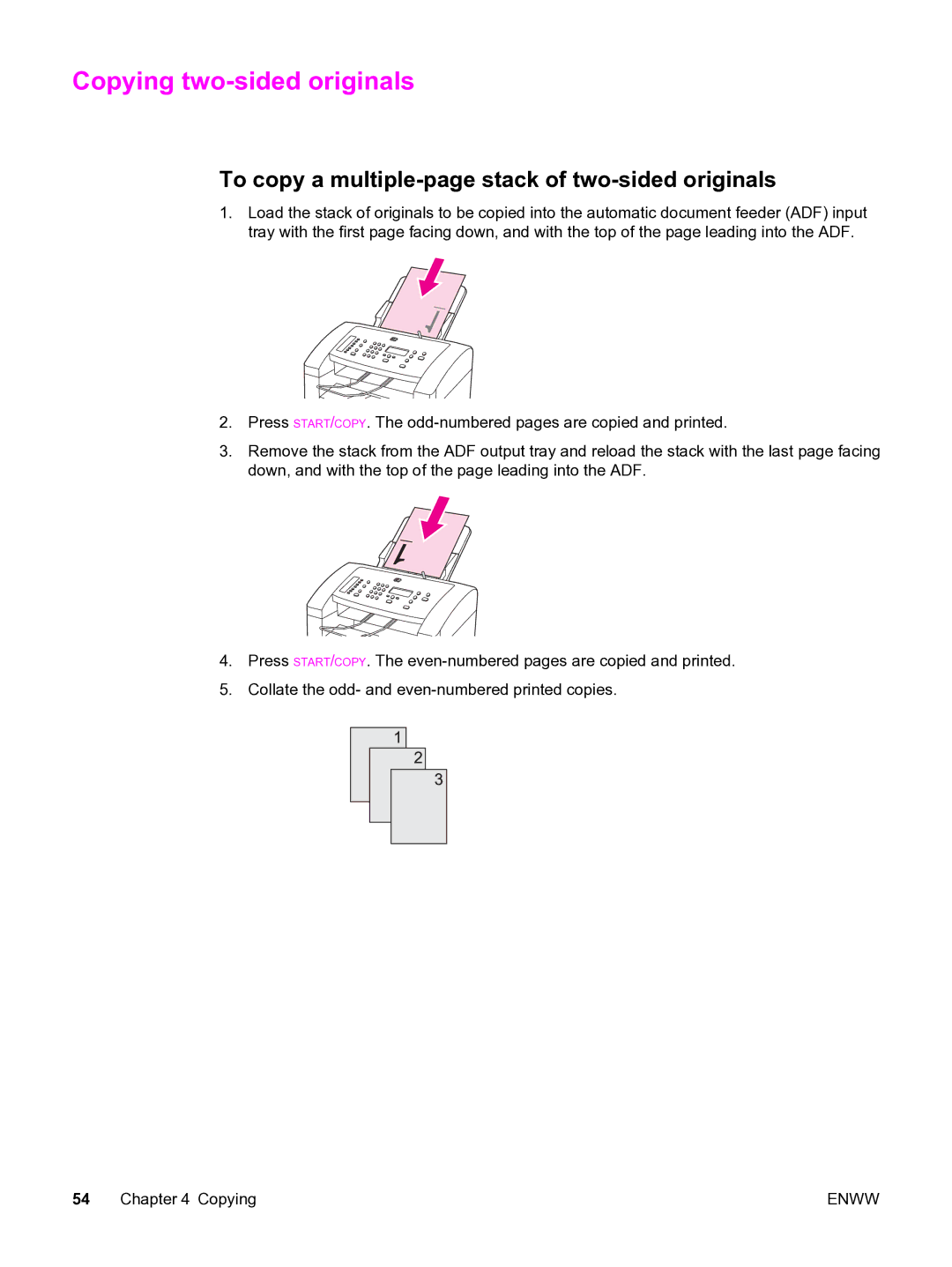 HP 3015 manual Copying two-sided originals, To copy a multiple-page stack of two-sided originals 