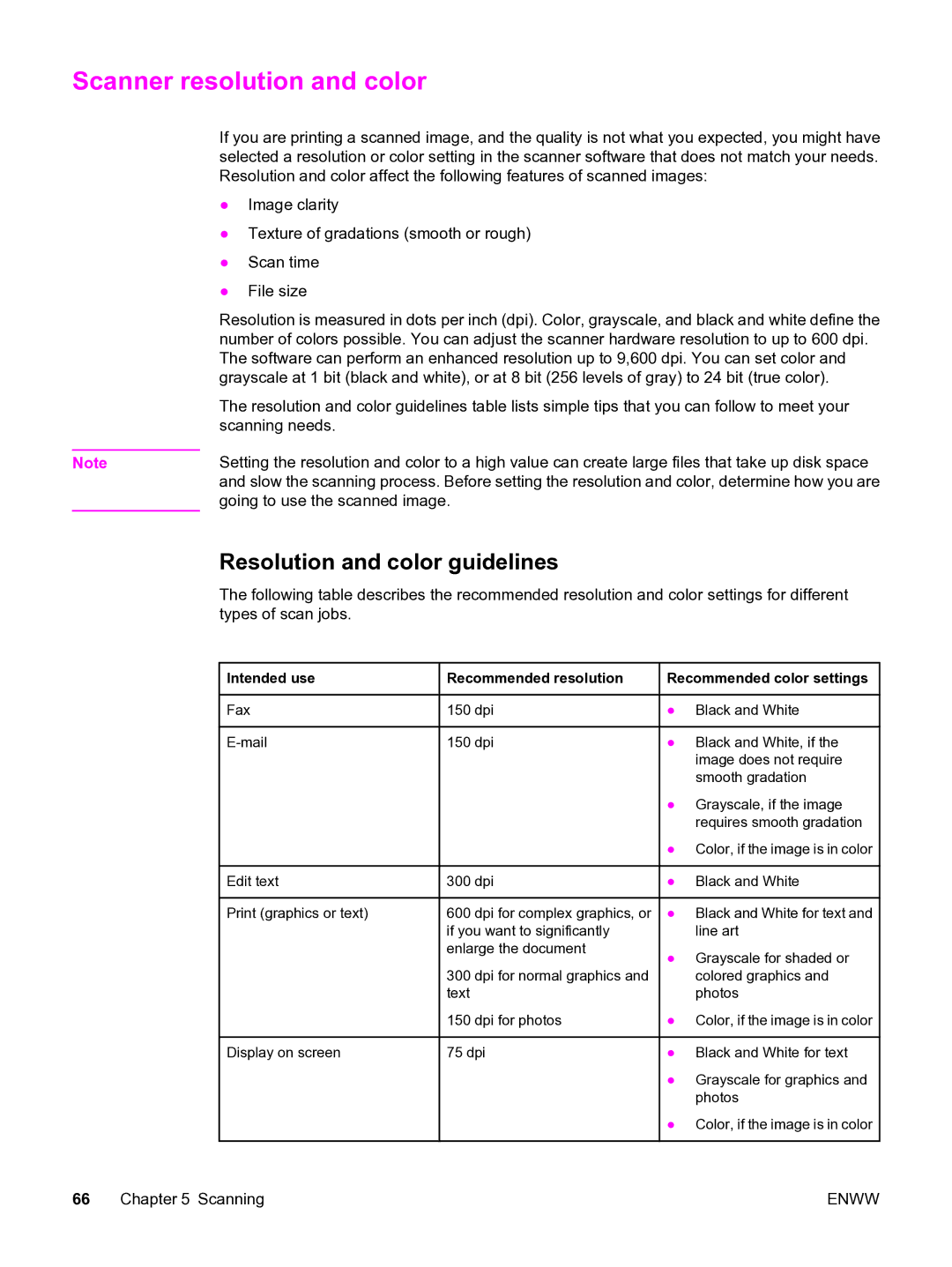 HP 3015 manual Scanner resolution and color, Resolution and color guidelines 